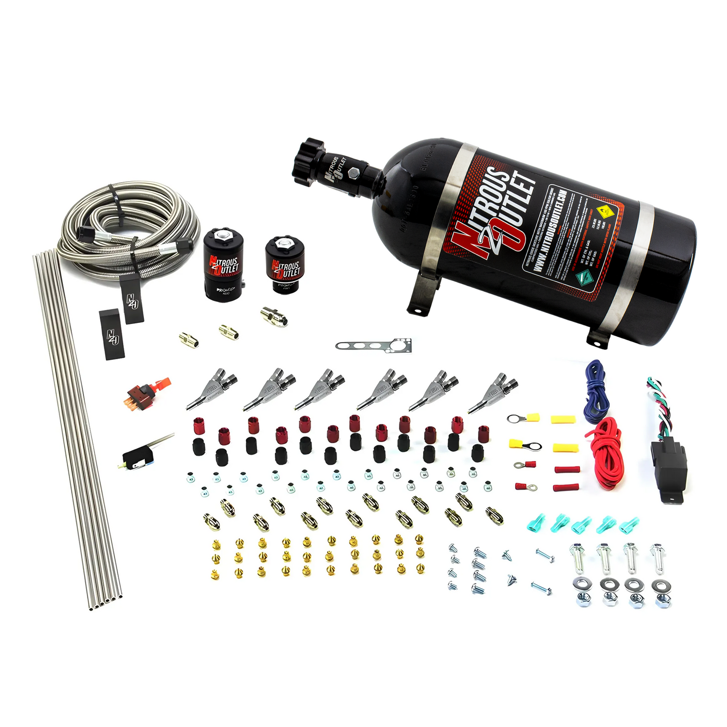 Nitrous Outlet 6 Cylinder Direct Port System - .122 Nitrous Solenoid/.177 Fuel Solenoid/Distribution Blocks/Annular Degree Discharge Nozzles (E85)(45-55 psi)(10lb Bottle)
