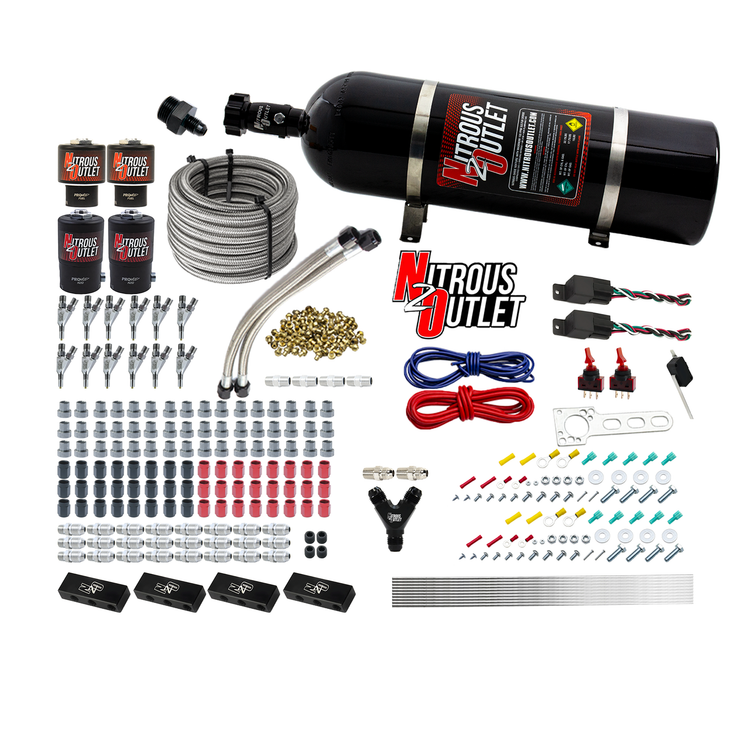 Nitrous Outlet 6 Cylinder Dual Stage Direct Port System - Two .122 Nitrous Solenoids/Two .177 Fuel Solenoids/Distribution Blocks/Annular Discharge Nozzles (E85)(45-55 psi)(75-375HP)(15lb Bottle)