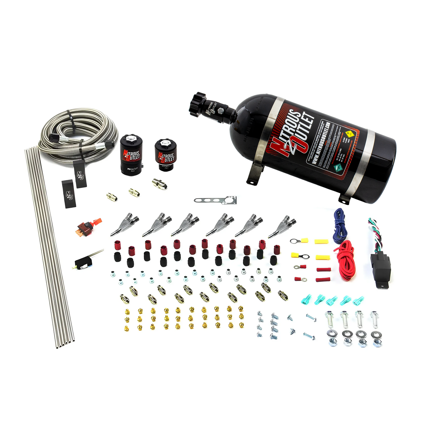 Nitrous Outlet 6 Cylinder Direct Port System - .122 Nitrous Solenoid/.177 Fuel Solenoid/Distribution Blocks/Annular Degree Discharge Nozzles (Gas)(45-55 psi)(10lb Bottle)