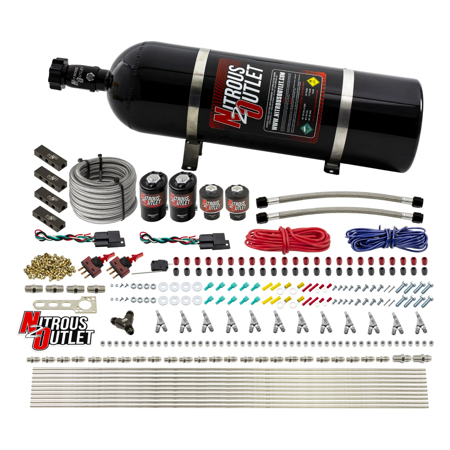 Nitrous Outlet 6 Cylinder Dual Stage Direct Port System - Two .122 Nitrous Solenoids/Two .177 Fuel Solenoids/Distribution Blocks/Annular Discharge Nozzles (Gas)(45-55 psi)(75-375HP)(15lb Bottle)
