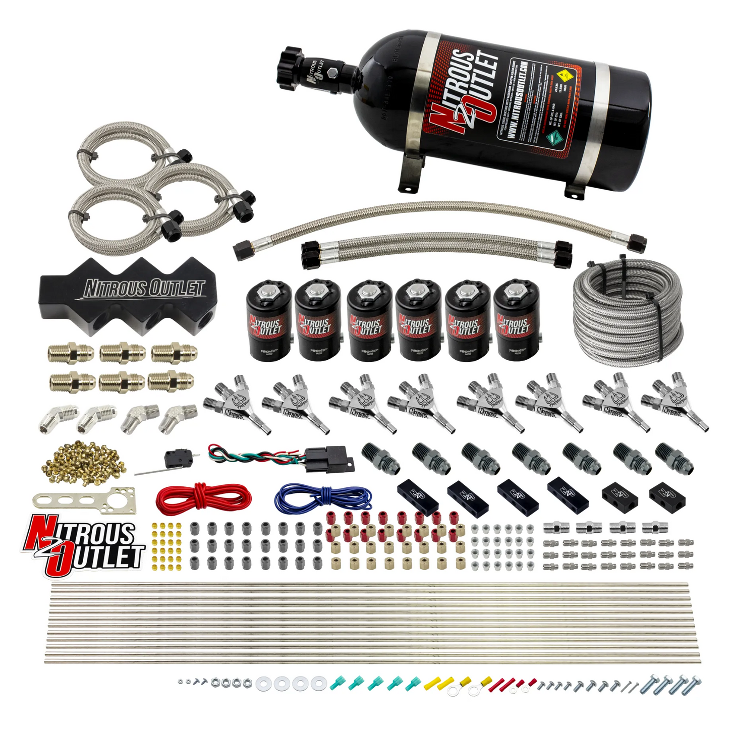 Nitrous Outlet Dry 8 Cylinder Three Stage Direct Port System - Three .112 Nitrous Solenoids/Trident Distribution Blocks/ Trident Nozzles(100-400HP)(10lb Bottle)