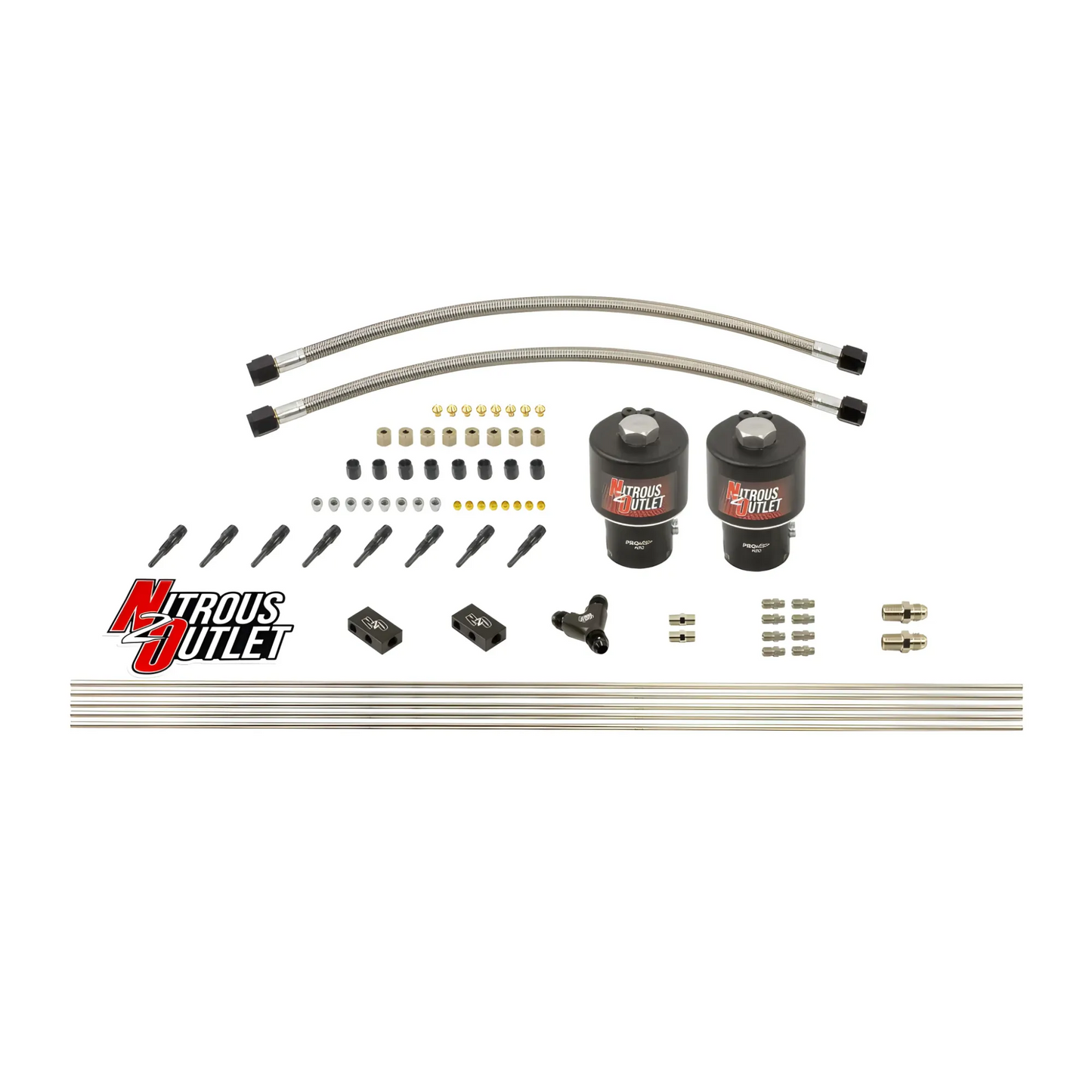 Nitrous Outlet Dry 8 Cylinder Solenoid Forward Direct Port Conversion Kit - Two .178 Trashcan Nitrous Solenoids/ Compact Distribution Blocks/Compression Fittings/90 Degree Discharge Nozzles (Includes 200HP Jetting)