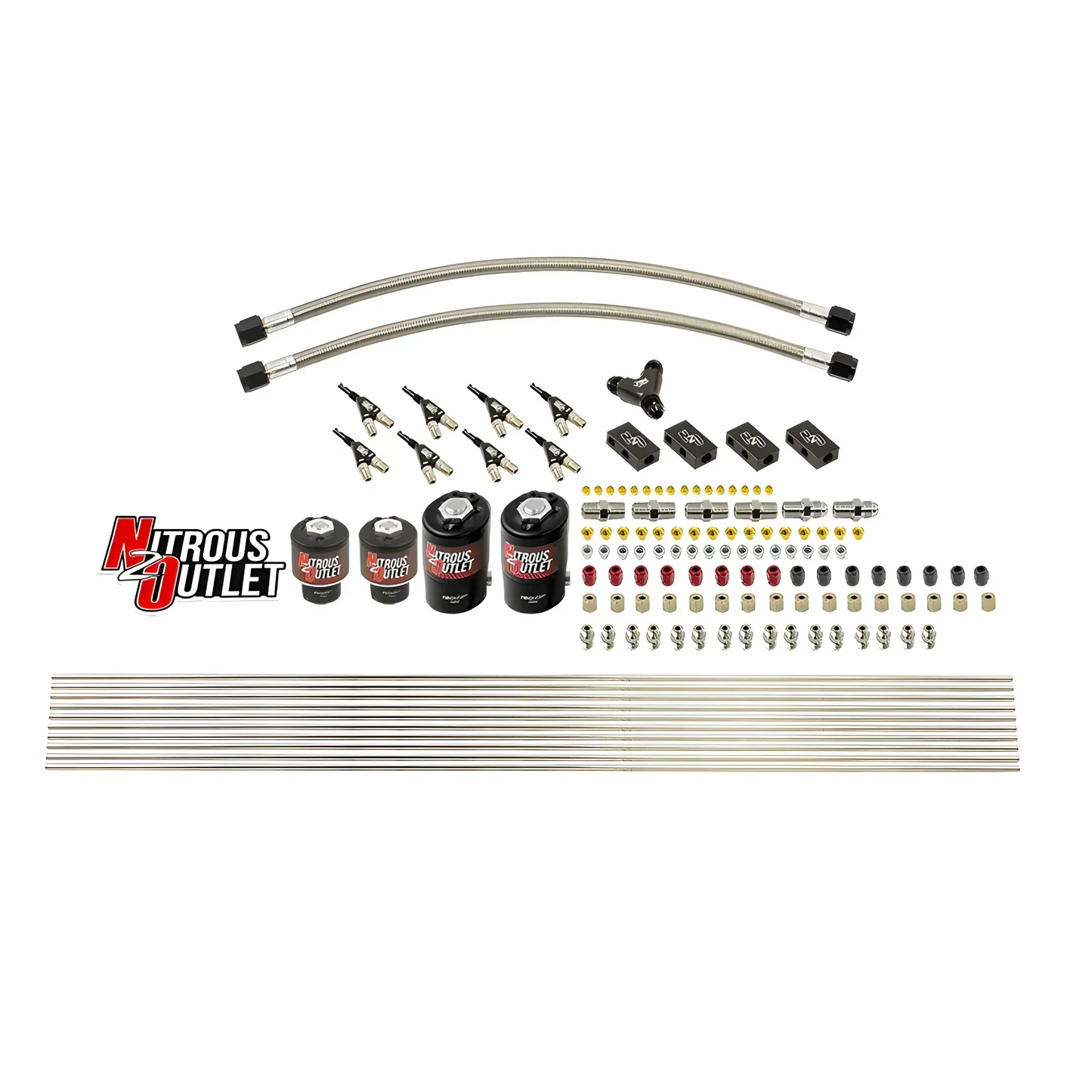 Nitrous Outlet 8 Cylinder Solenoids Forward Direct Port Conversion Kit - Two .122 Nitrous Solenoids/Two .177 Fuel Solenoids/Distribution Blocks/Compression Fittings/90 Degree Discharge Nozzles (Includes 200HP Jetting - Gas/7 psi)