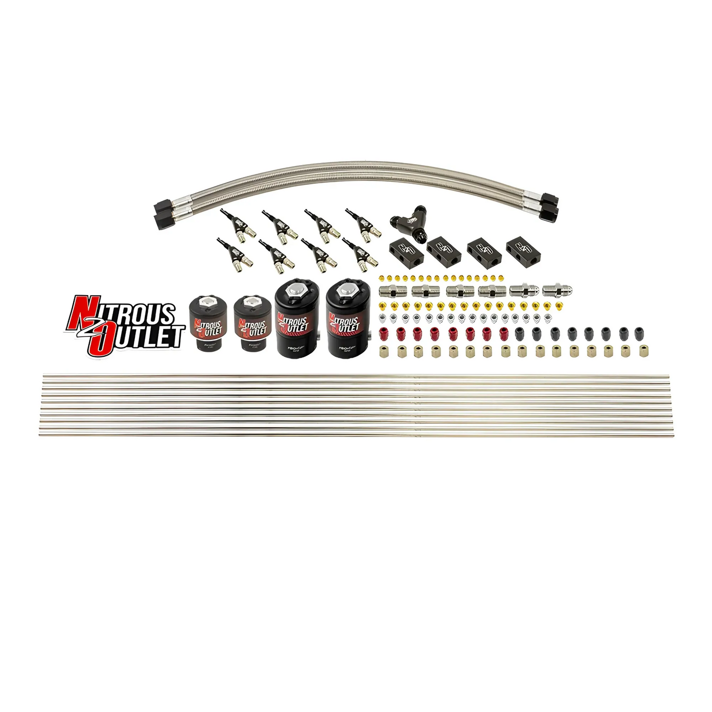 Nitrous Outlet 8 Cylinder Solenoids Forward Direct Port Conversion Kit - Two .112 Nitrous Solenoids/Two .177 Fuel Solenoids/Distribution Blocks/Compression Fittings/90 Degree Discharge Nozzles (Includes 200HP Jetting - Gas/7 psi)