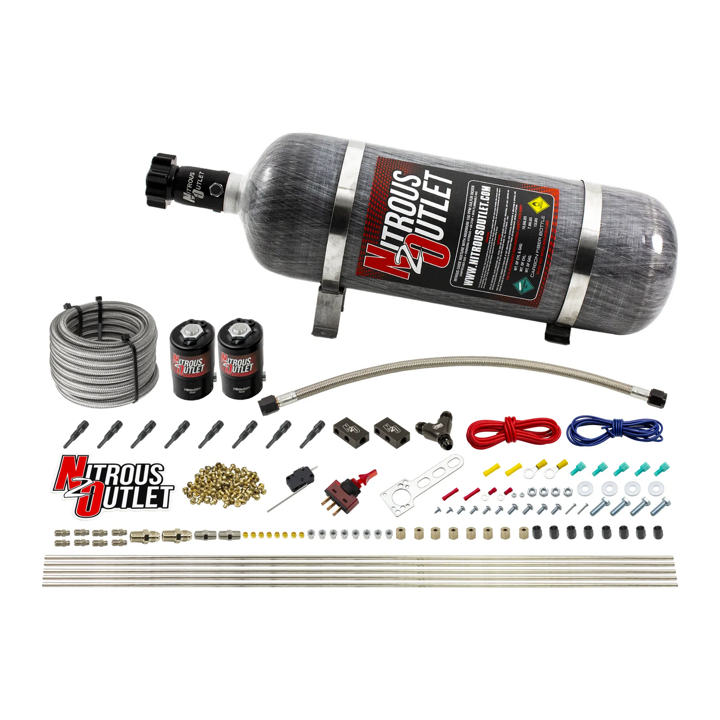Nitrous Outlet Dry 8 Cylinder Direct Port System - Two .112 Nitrous Solenoids/Compact Distribution Blocks/Compression Fittings/90 Degree Discharge Nozzles (100-400HP)(12lb Bottle)