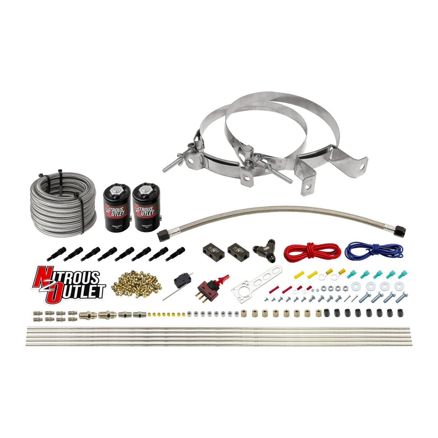 Nitrous Outlet Dry 8 Cylinder Direct Port System - Two .112 Nitrous Solenoids/Compact Distribution Blocks/Compression Fittings/SBT Discharge Nozzles (100-400HP)(No Bottle)
