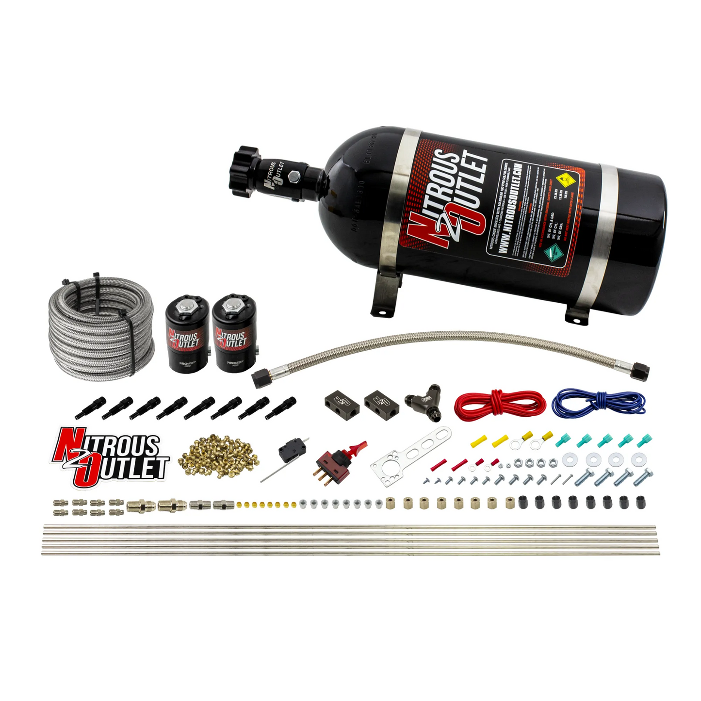 Nitrous Outlet Dry 8 Cylinder Direct Port System - Two .112 Nitrous Solenoids/Compact Distribution Blocks/Compression Fittings/SBT Discharge Nozzles (100-400HP)(10lb Bottle)