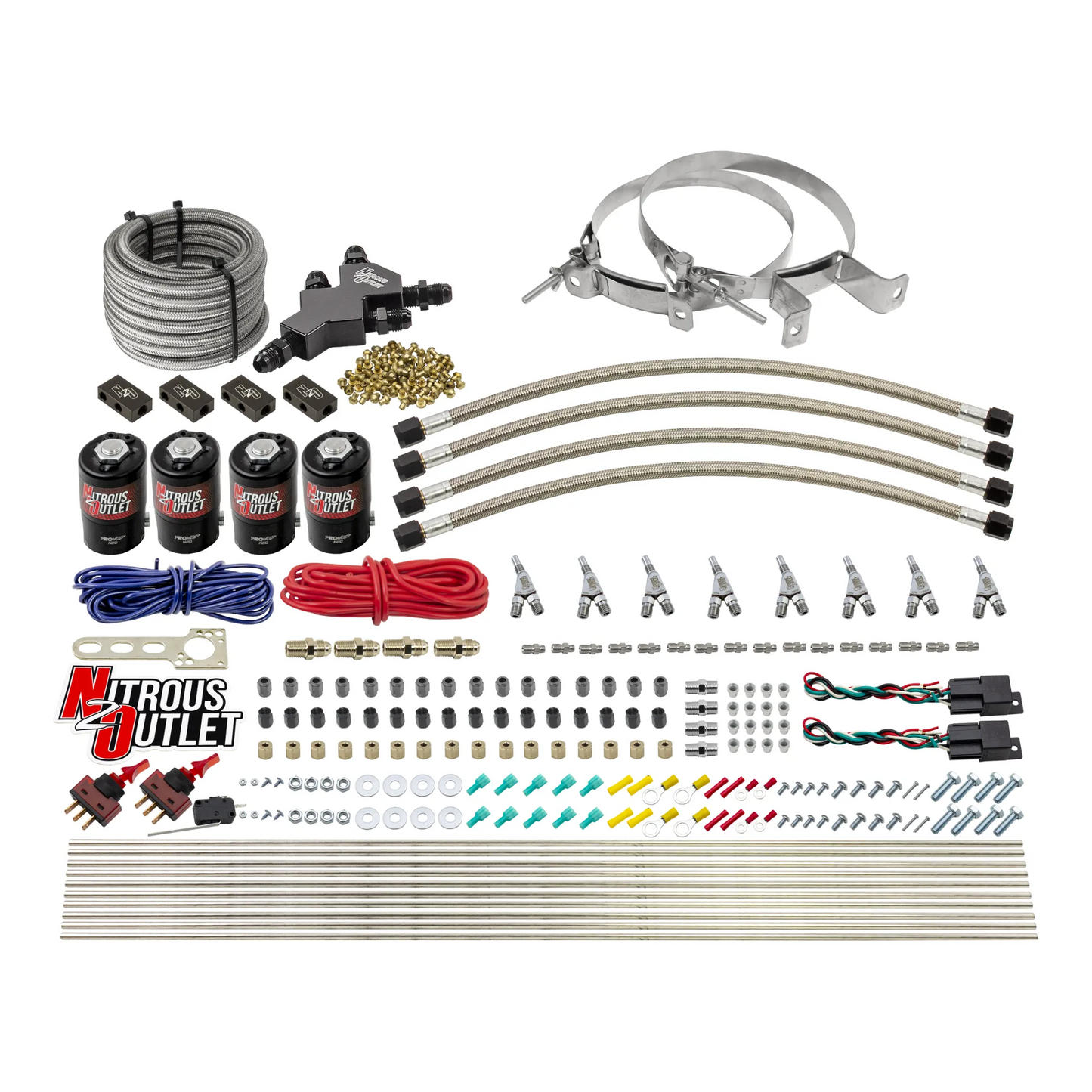 Nitrous Outlet Dry 8 Cylinder Dual Stage Direct Port System - Four .112 Nitrous Solenoids/Compact Distribution Blocks/Compression Fittings/SBT Dual Passage Discharge Nozzles (100-400HP)(No Bottle)
