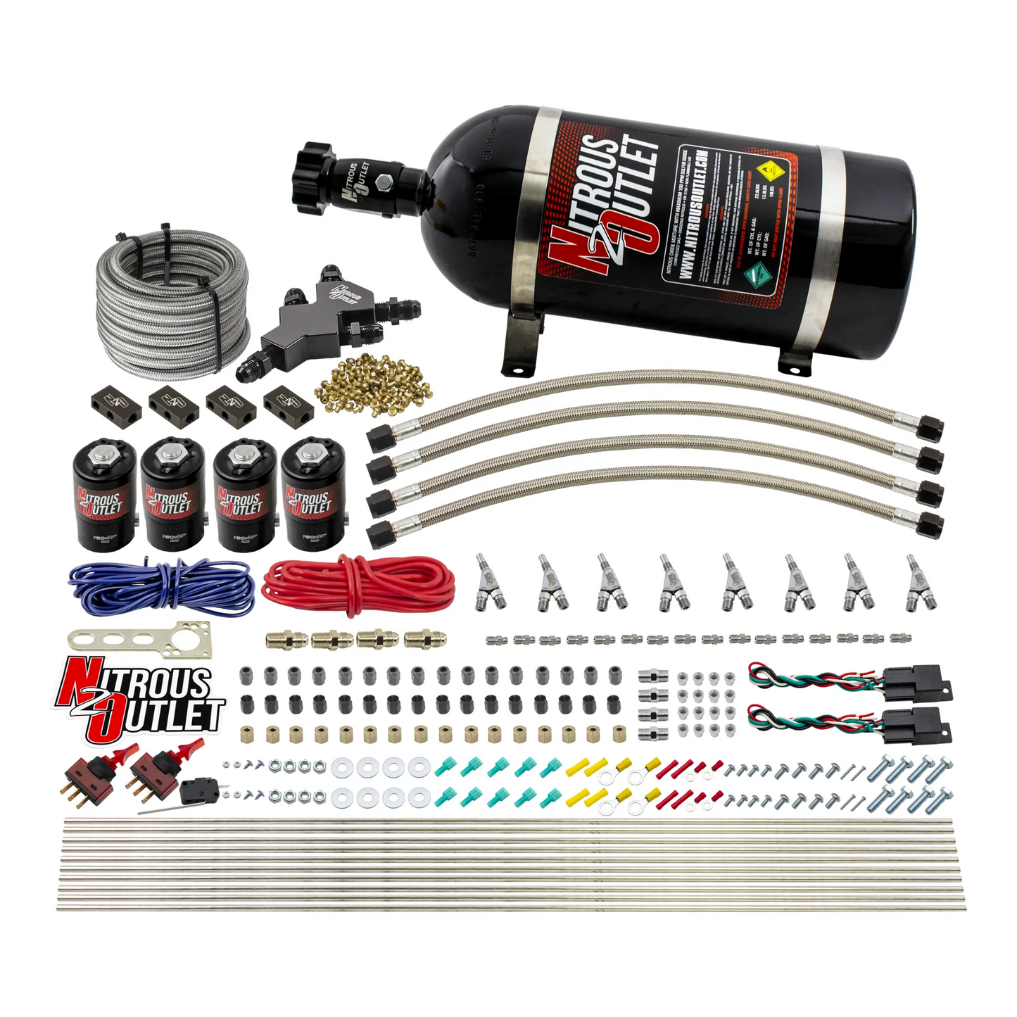 Nitrous Outlet Dry 8 Cylinder Dual Stage Direct Port System - Four .112 Nitrous Solenoids/Compact Distribution Blocks/Compression Fittings/SBT Dual Passage Discharge Nozzles (100-400HP)(10lb Bottle)