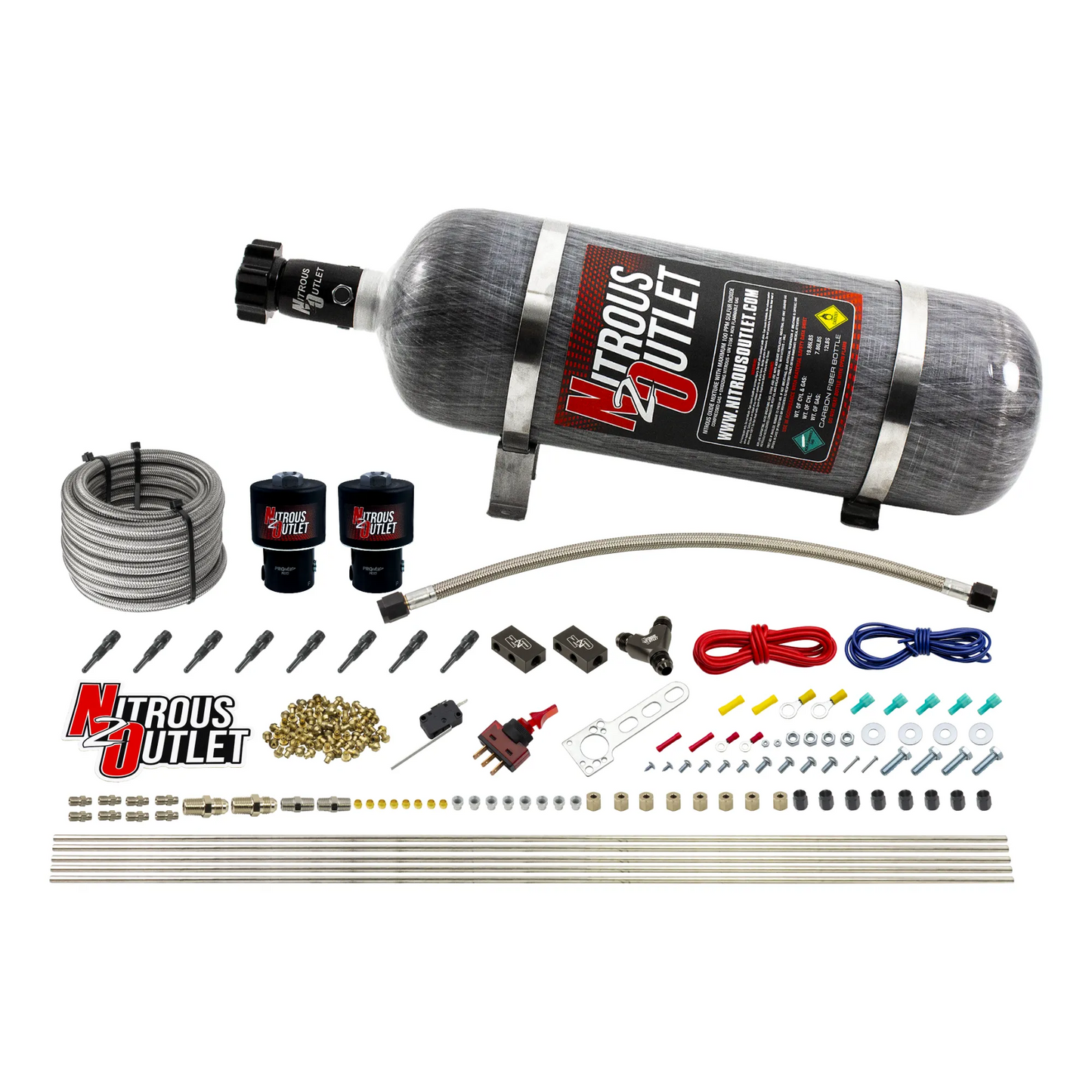 Nitrous Outlet Dry 8 Cylinder Direct Port System - Two .178 Trashcan Nitrous Solenoids/Compact Distribution Blocks/Compression Fittings/90 Degree Discharge Nozzles (100-400HP)(12lb Bottle)