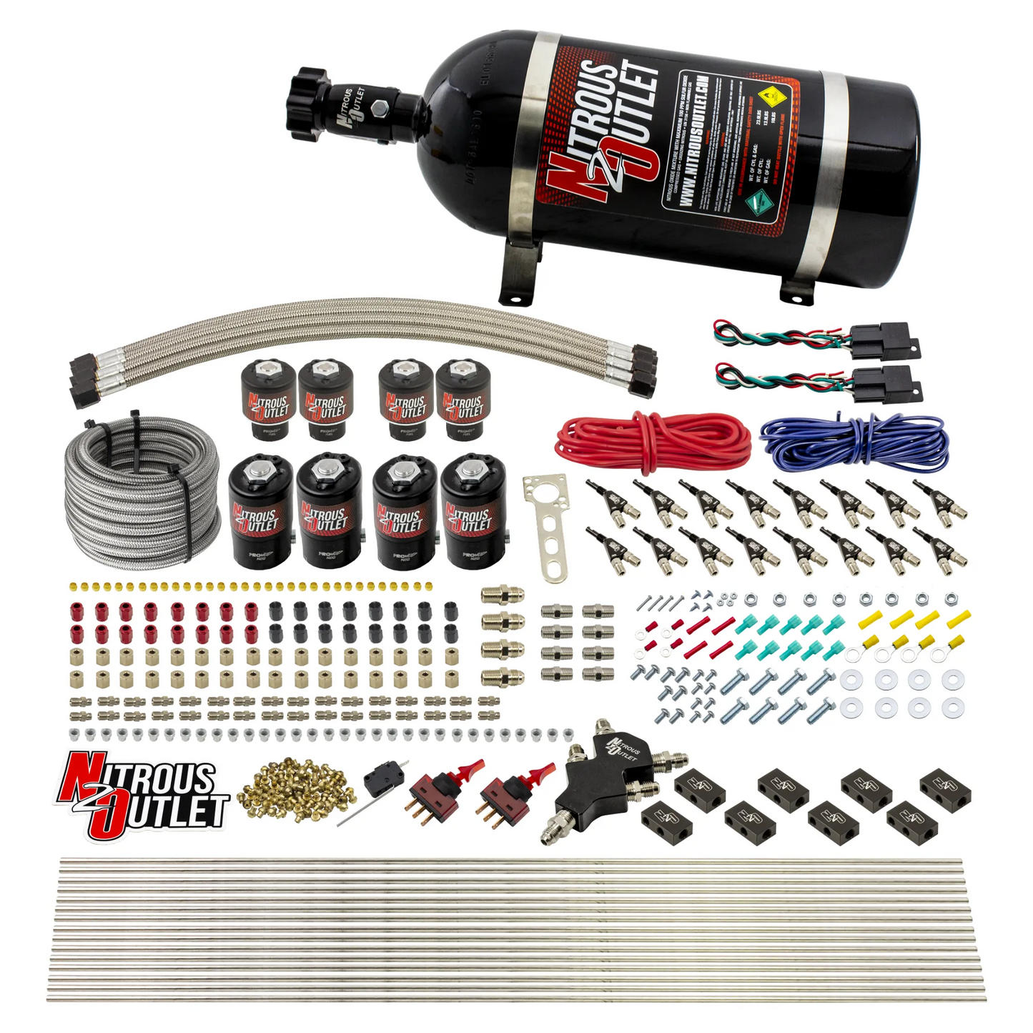 Nitrous Outlet 8 Cylinder Dual Stage Direct Port System - Four .122 Nitrous Solenoids/Four .177 Fuel Solenoids/Compact Distribution Blocks/Compression Fittings/90 Degree Discharge Nozzles (Alcohol)(5-7-10 psi)(100-400HP)(10lb Bottle)