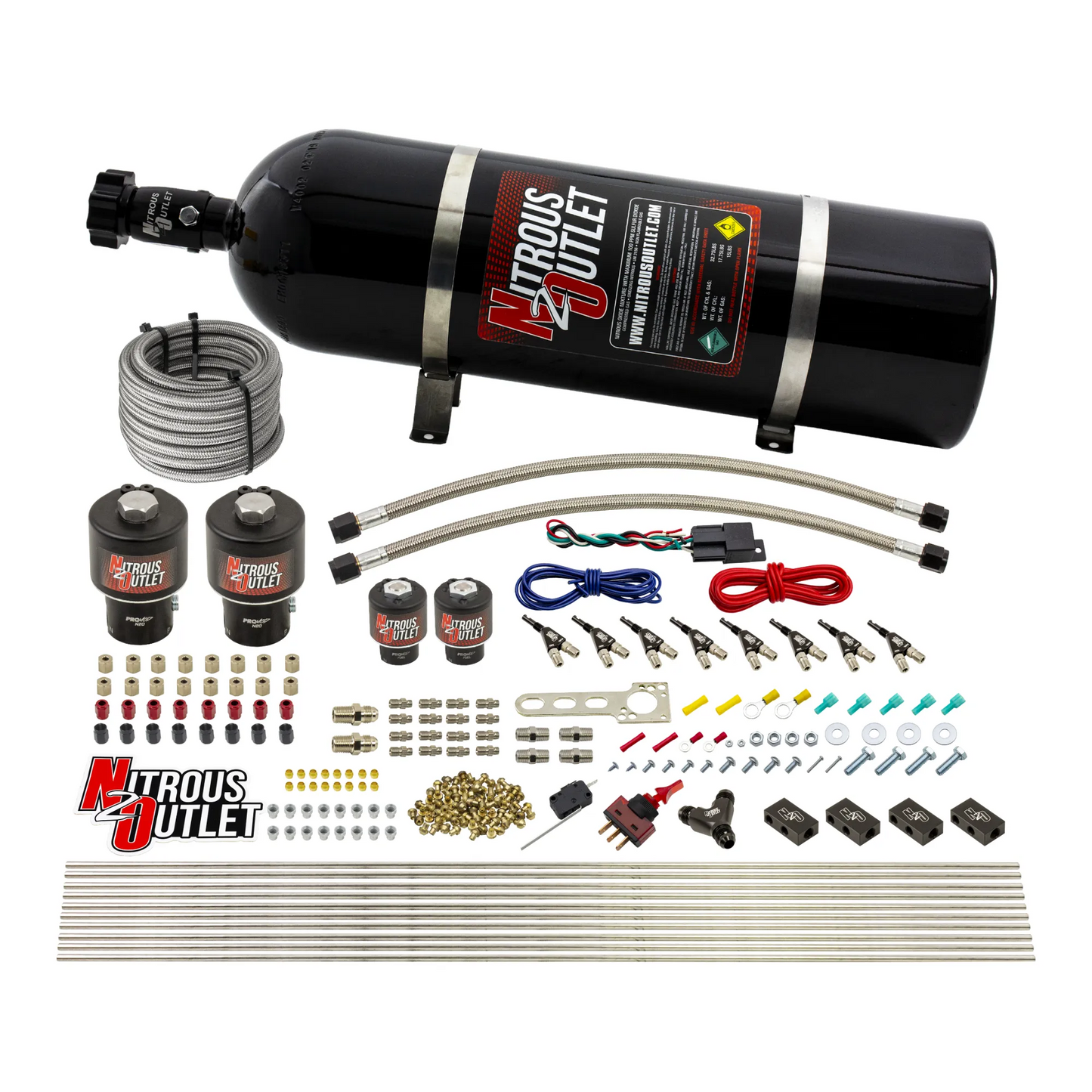 Nitrous Outlet 8 Cylinder Direct Port System - Two .178 Trashcan Nitrous Solenoids/Two .177 Fuel Solenoids/Compact Distribution Blocks/Compression Fittings/90 Degree Discharge Nozzles (Alcohol)(5-7-10 psi)(100-400HP)(15lb Bottle)