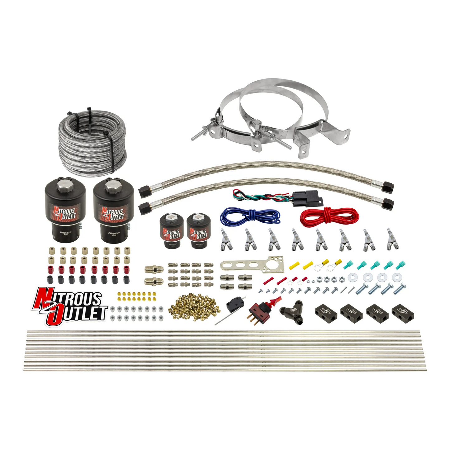 Nitrous Outlet 8 Cylinder Direct Port System - Two .178 Trashcan Nitrous Solenoids/Two .177 Fuel Solenoids/Compact Distribution Blocks/Compression Fittings/Annular Discharge Nozzles (Alcohol)(5-7-10 psi)(100-400HP)(No Bottle)