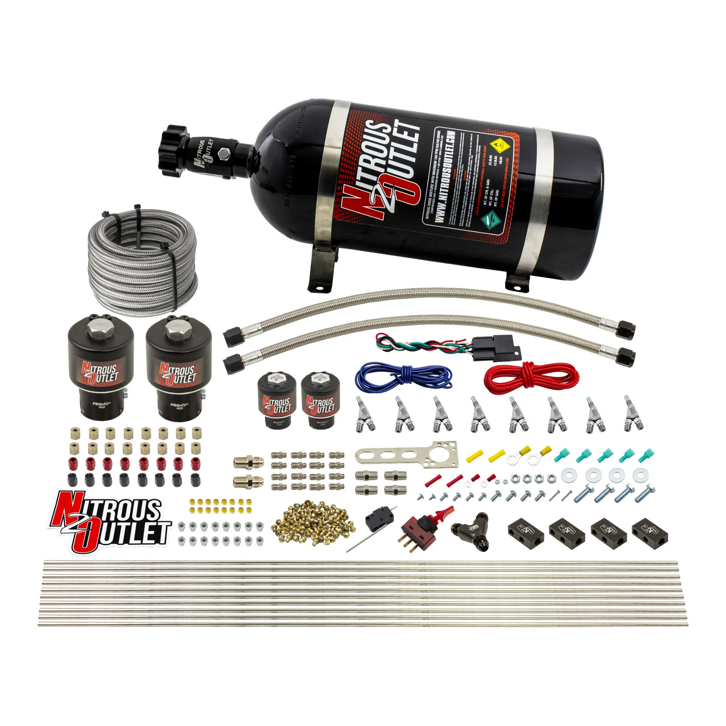 Nitrous Outlet 8 Cylinder Direct Port System - Two .178 Trashcan Nitrous Solenoids/Two .177 Fuel Solenoids/Compact Distribution Blocks/Compression Fittings/Annular Discharge Nozzles (Alcohol)(5-7-10 psi)(100-400HP)(10lb Bottle)