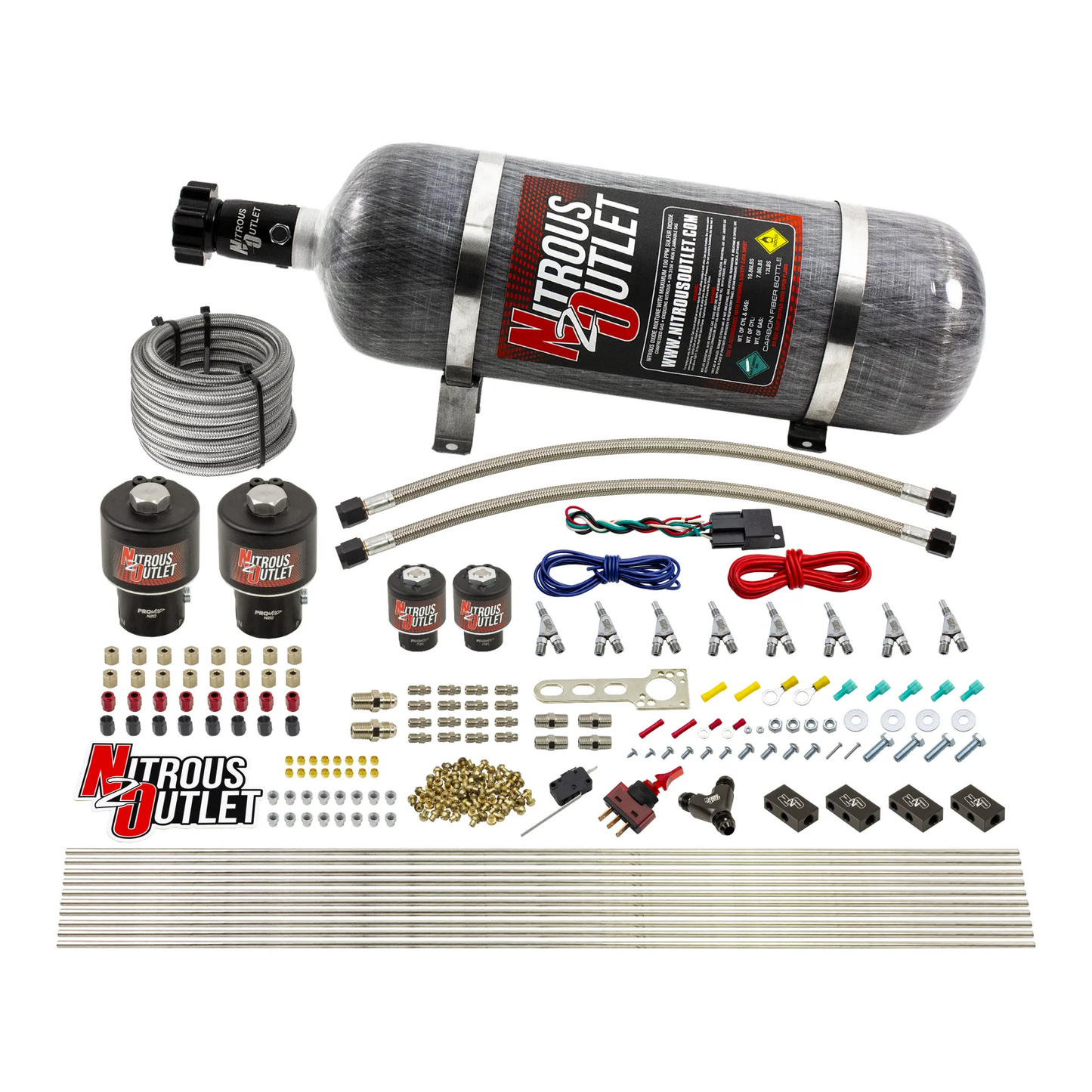Nitrous Outlet 8 Cylinder Direct Port System - Two .178 Trashcan Nitrous Solenoids/Two .177 Fuel Solenoids/Compact Distribution Blocks/Compression Fittings/Annular Discharge Nozzles (Alcohol)(5-7-10 psi)(100-400HP)(12lb Bottle)