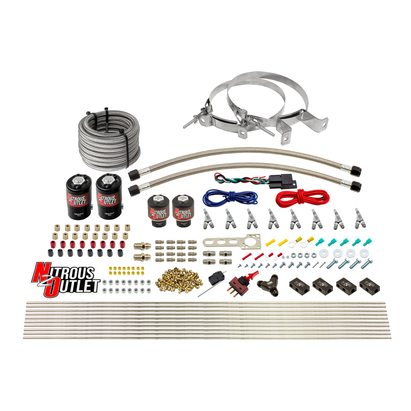 Nitrous Outlet 8 Cylinder Direct Port System - Two .112 Nitrous Solenoids/Two .177 Fuel Solenoids/Compact Distribution Blocks/Compression Fittings/Annular Discharge Nozzles (E85)(5-7-10 psi)(100-400HP)(No Bottle)