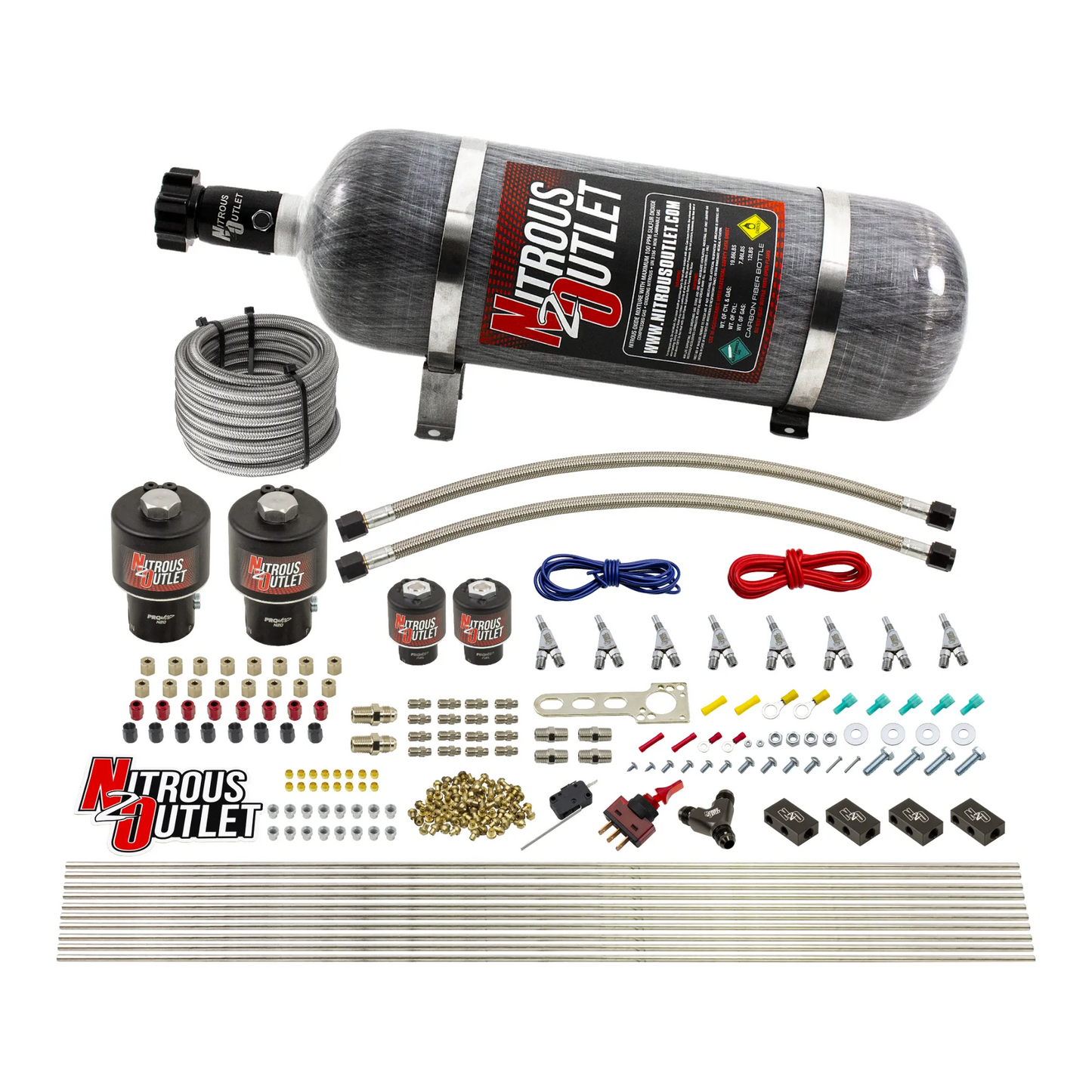 Nitrous Outlet 8 Cylinder Direct Port System - Two .178 Trashcan Nitrous Solenoids/Two .177 Fuel Solenoids/Compact Distribution Blocks/Compression Fittings/Annular Discharge Nozzles (E85)(5-7-10 psi)(100-400HP)(12lb Bottle)