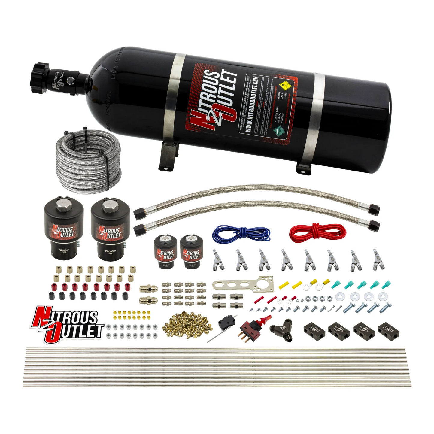 Nitrous Outlet 8 Cylinder Direct Port System - Two .178 Trashcan Nitrous Solenoids/Two .177 Fuel Solenoids/Compact Distribution Blocks/Compression Fittings/Annular Discharge Nozzles (E85)(5-7-10 psi)(100-400HP)(15lb Bottle)