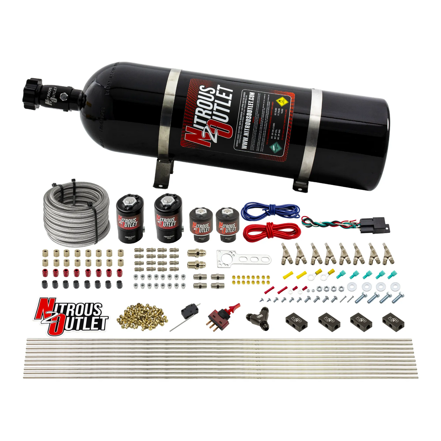 Nitrous Outlet 8 Cylinder Dual Stage Direct Port System - Four .122 Nitrous Solenoids/Four .177 Fuel Solenoids/Compact Distribution Blocks/Compression Fittings/Annular Discharge Nozzles (Gas)(5-7-10 psi)(100-400HP)(15lb Bottle)