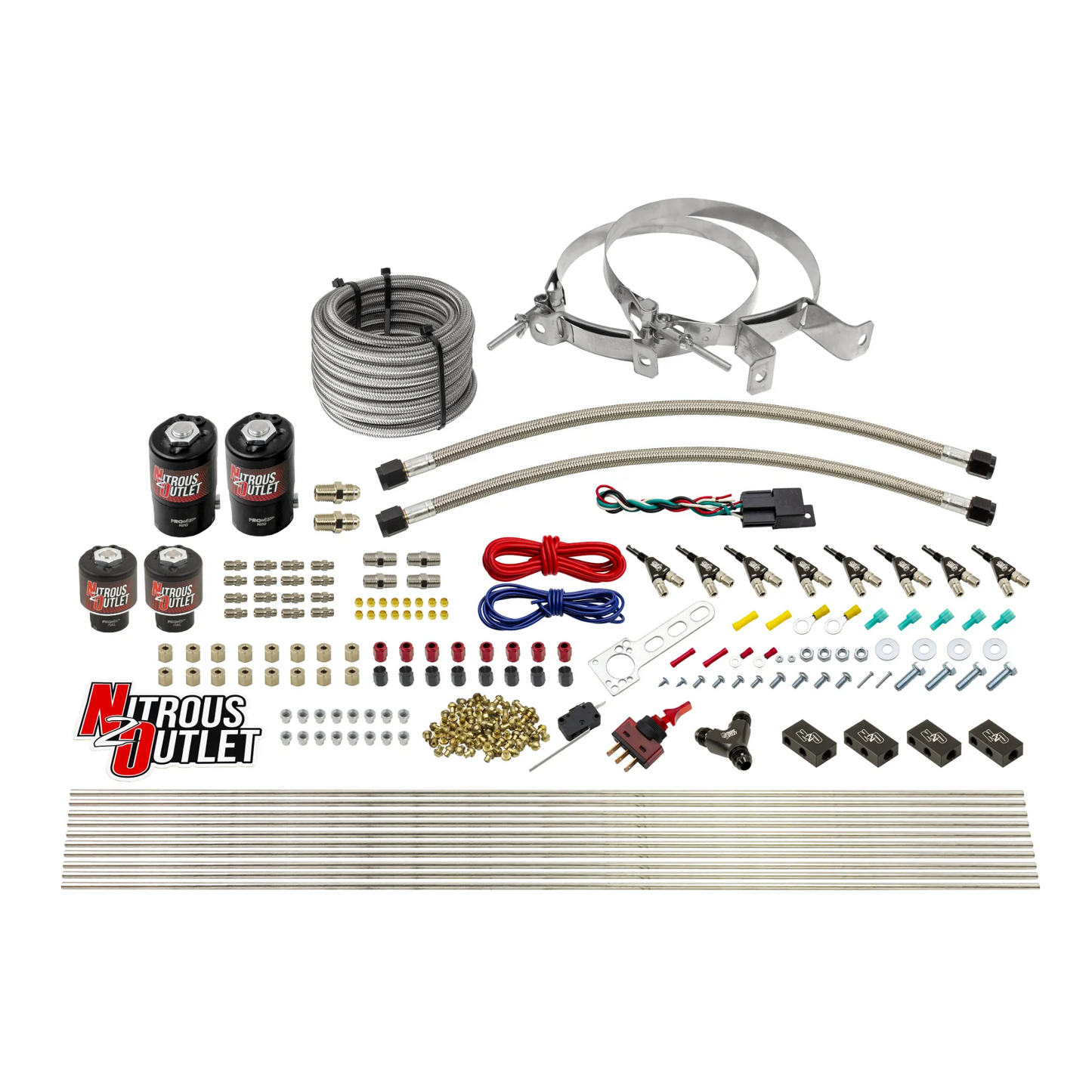 Nitrous Outlet 8 Cylinder Direct Port System - Two .122 Nitrous Solenoids/Two .177 Fuel Solenoids/Compact Distribution Blocks/Compression Fittings/90 Degree Discharge Nozzles (Gas)(45-55 psi)(100-400HP)(No Bottle)