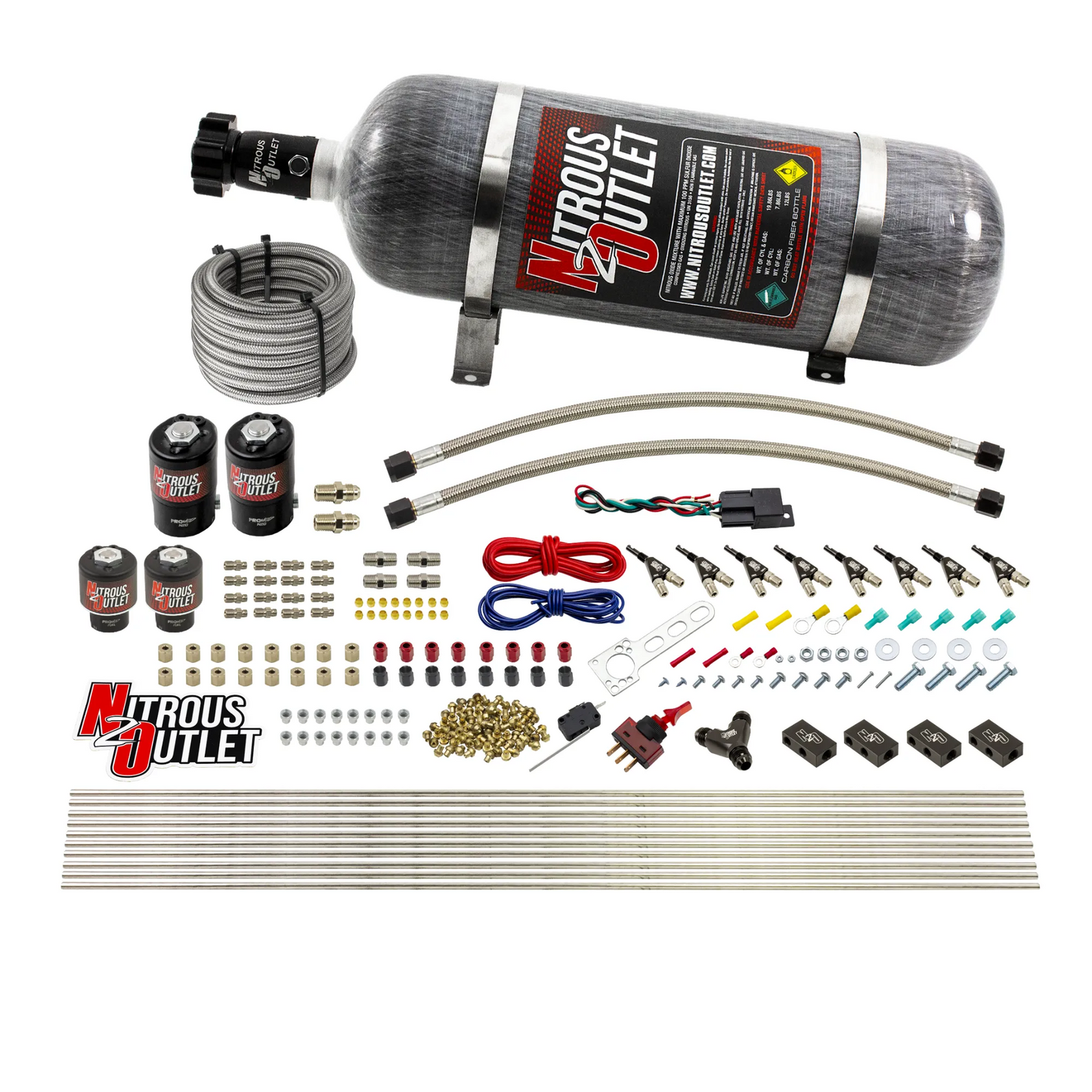 Nitrous Outlet 8 Cylinder Direct Port System - Two .122 Nitrous Solenoids/Two .177 Fuel Solenoids/Compact Distribution Blocks/Compression Fittings/90 Degree Discharge Nozzles (Gas)(45-55 psi)(100-400HP)(12lb Bottle)