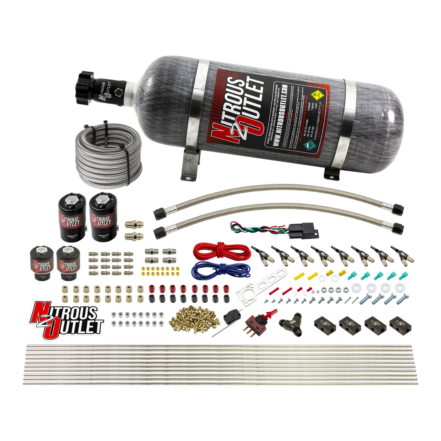 Nitrous Outlet 8 Cylinder Direct Port System - Two .112 Nitrous Solenoids/Two .177 Fuel Solenoids/Compact Distribution Blocks/Compression Fittings/90 Degree Discharge Nozzles (Gas)(45-55 psi)(100-400HP)(12lb Bottle)