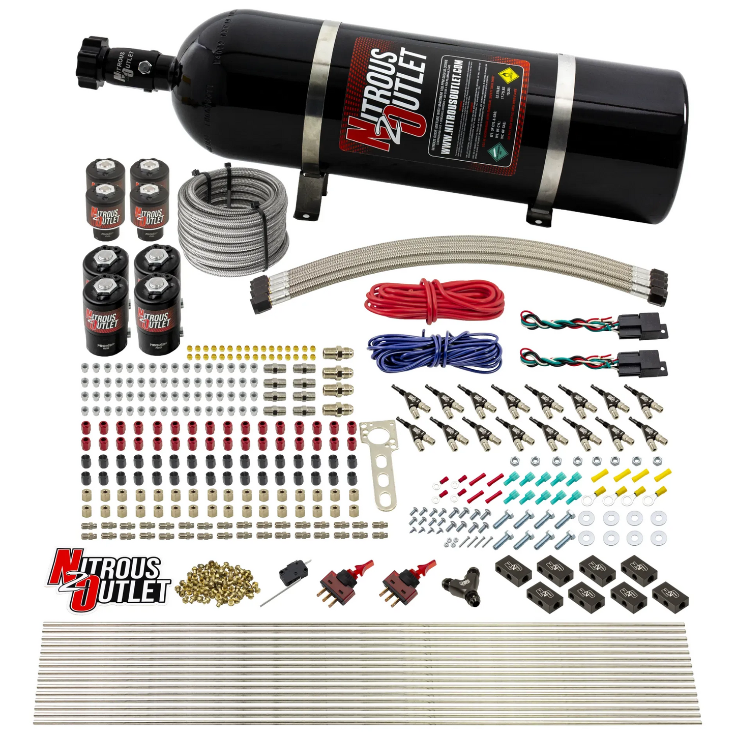 Nitrous Outlet 8 Cylinder Dual Stage Direct Port System - Four .112 Nitrous Solenoids/Four .177 Fuel Solenoids/Compact Distribution Blocks/Compression Fittings/90 Degree Discharge Nozzles (Gas)(45-55 psi)(100-400HP)(15lb Bottle)