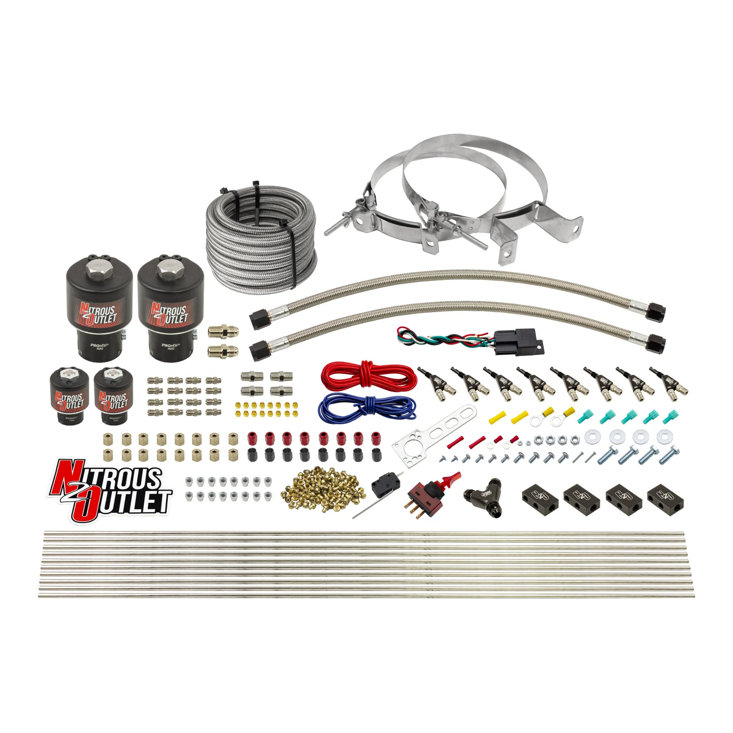 Nitrous Outlet 8 Cylinder Direct Port System - Two .178 Trashcan Nitrous Solenoids/Two .177 Fuel Solenoids/Compact Distribution Blocks/Compression Fittings/90 Degree Discharge Nozzles (Gas)(45-55 psi)(100-400HP)(No Bottle)