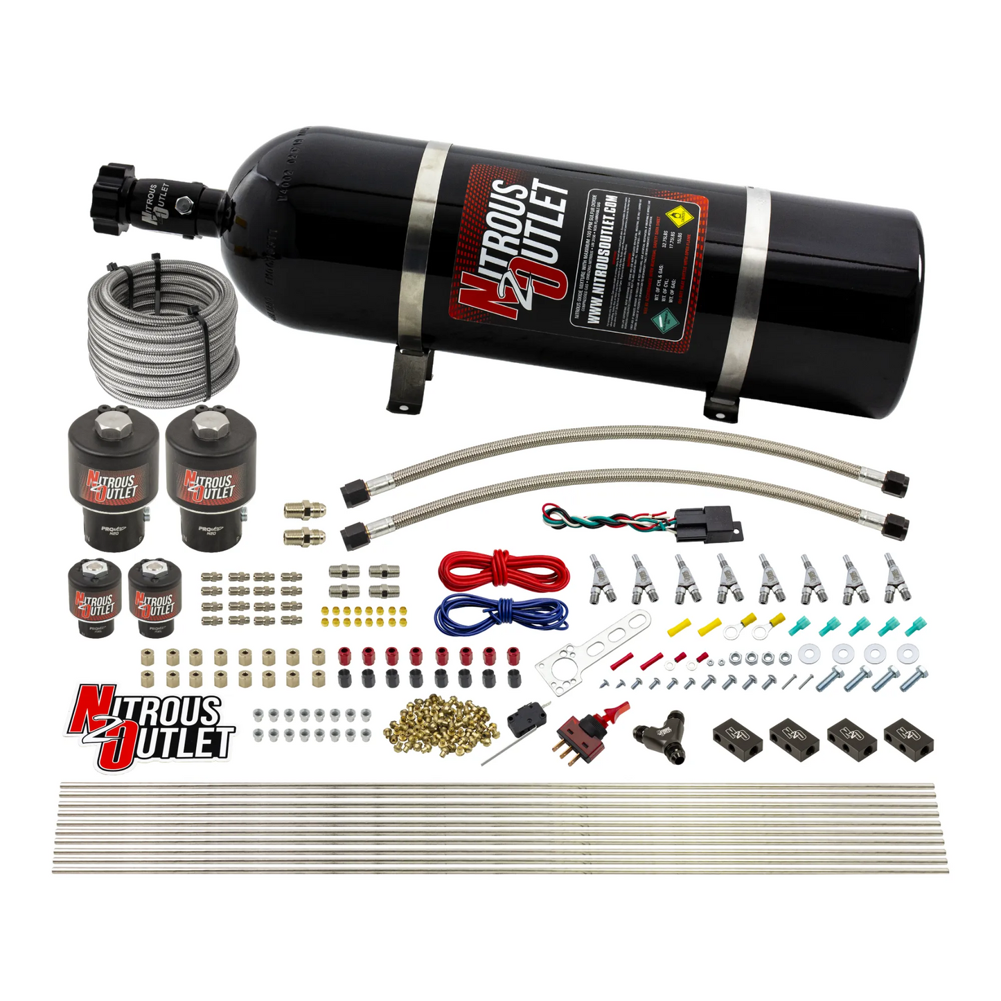Nitrous Outlet 8 Cylinder Direct Port System - Two .178 Trashcan Nitrous Solenoids/Two .177 Fuel Solenoids/Compact Distribution Blocks/Compression Fittings/Annular Discharge Nozzles (Gas)(45-55 psi)(100-400HP)(15lb Bottle)