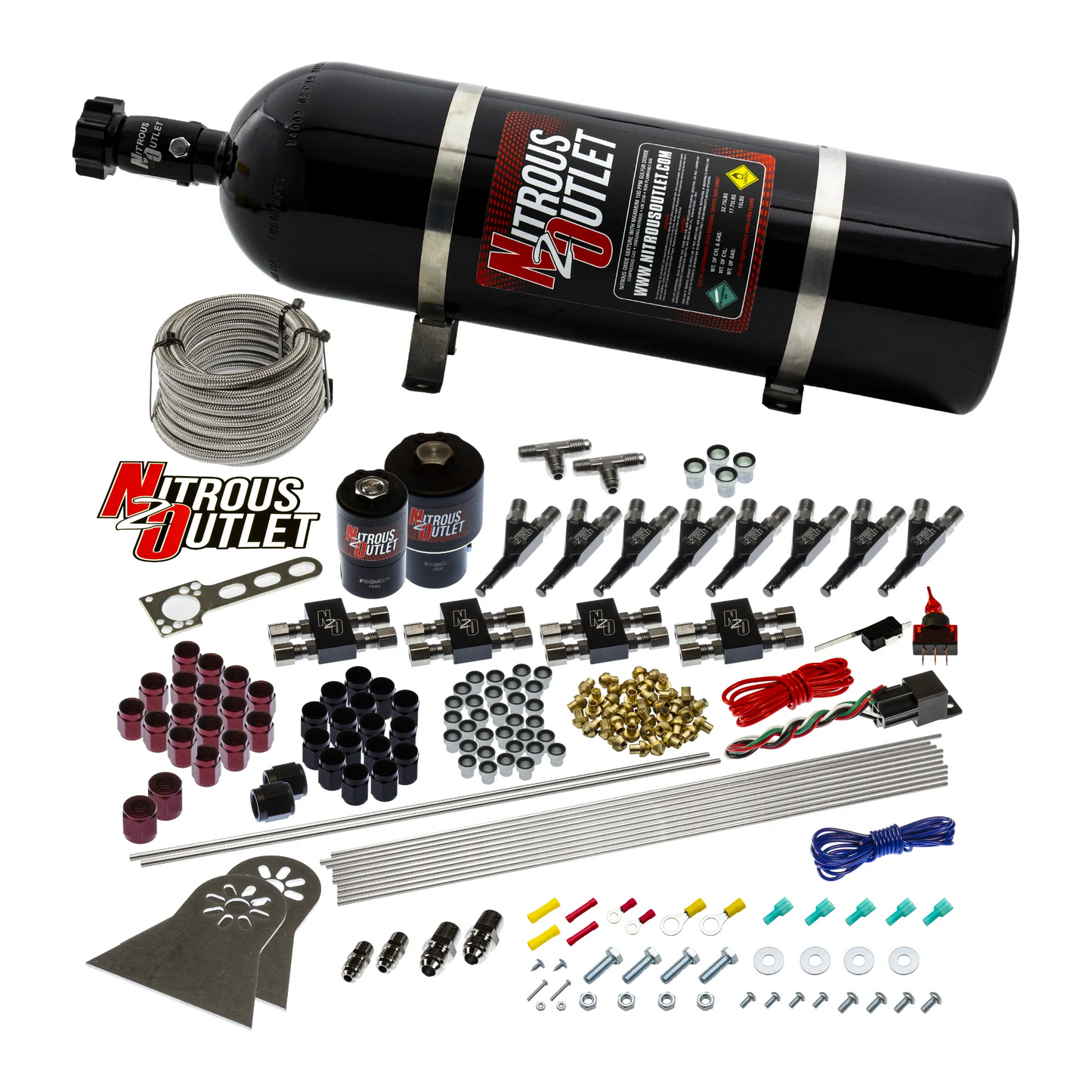 Nitrous Outlet 8 Cylinder Direct Port System - Two .178 Trashcan Nitrous Solenoids/Two .310 Fuel Solenoids/Compact Distribution Blocks/Compression Fittings/90 Degree Discharge Nozzles (Gas)(5-7-10 psi)(100-400 HP)(15lb Bottle)