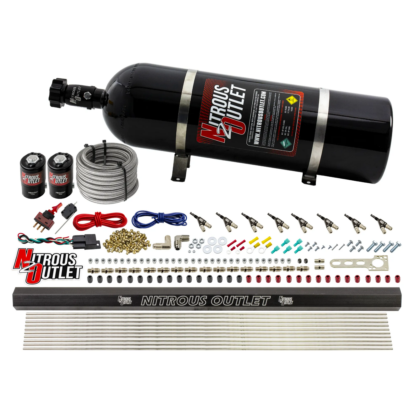Nitrous Outlet 8 Cylinder Direct Port System - .122 Nitrous Solenoid/.310 Fuel Solenoid/Dual Passage Injection Rail/90 Degree Discharge Nozzles (E85)(5-7-10 psi)(100-400HP)(15lb Bottle)