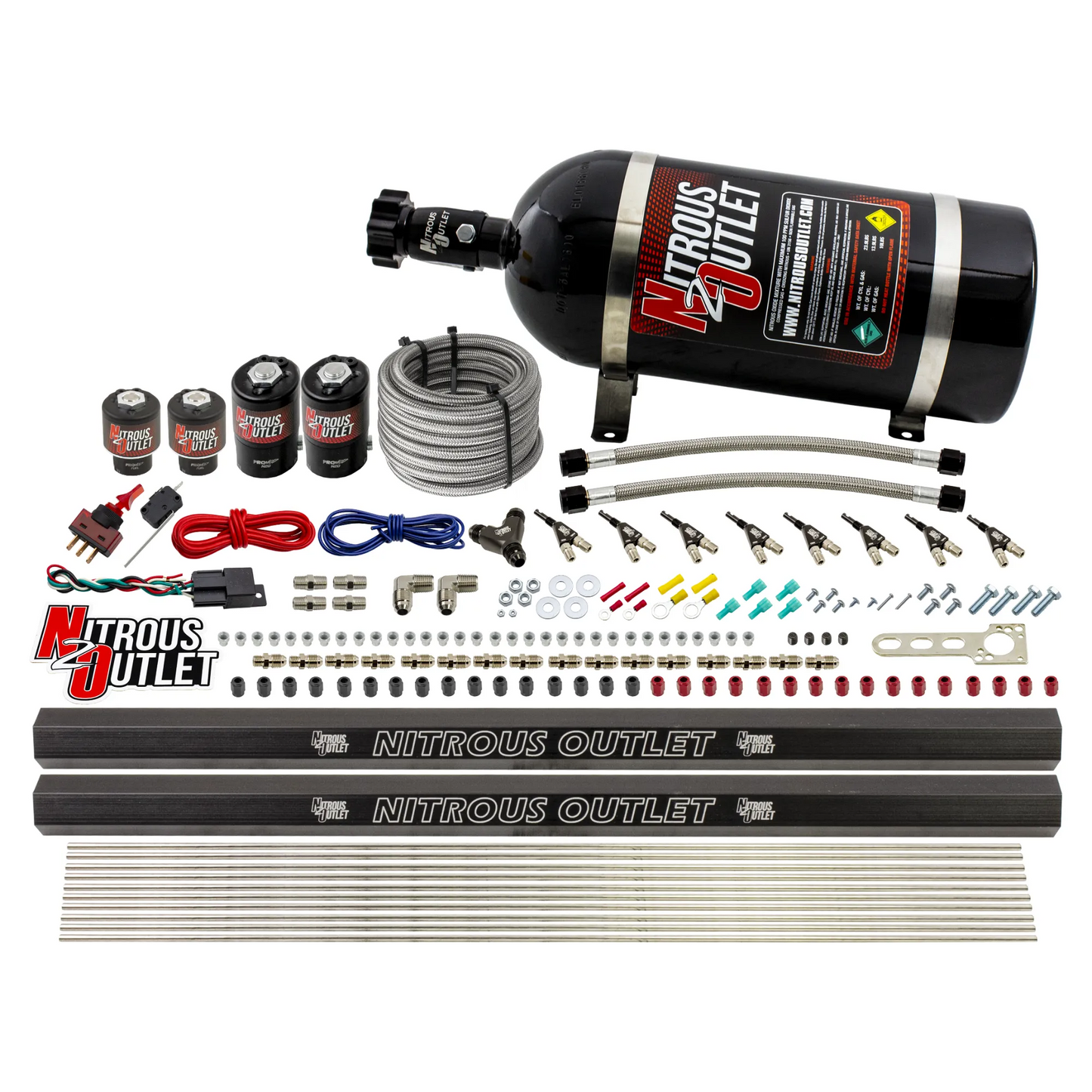Nitrous Outlet 8 Cylinder Direct Port System - Two .122 Nitrous Solenoids/Two .177 Fuel Solenoids/Two Dual Passage Injection Rails/90 Degree Discharge Nozzles (E85)(5-7-10 psi)(100-400HP)(10lb Bottle)