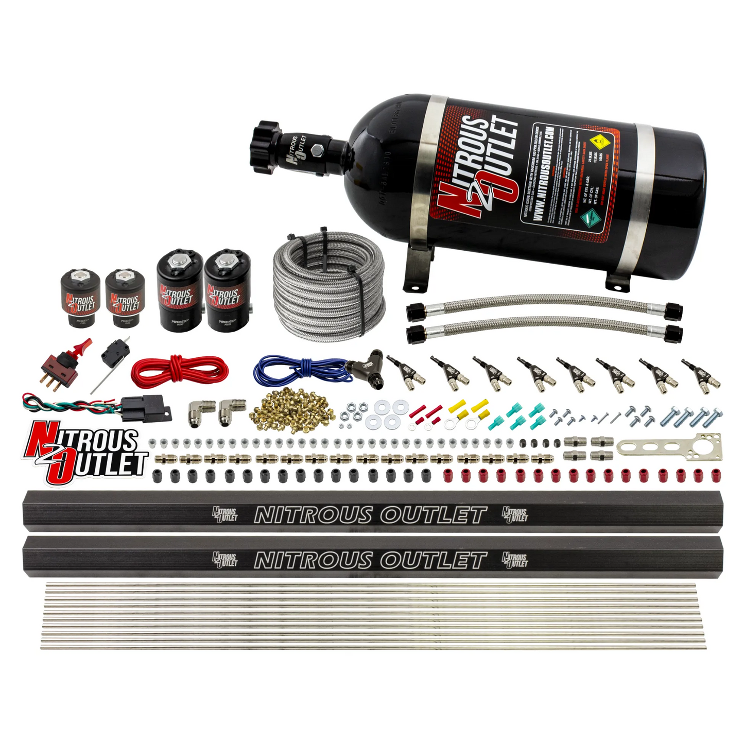 Nitrous Outlet 8 Cylinder Direct Port System - Two .112 Nitrous Solenoids/Two .177 Fuel Solenoids/Two Dual Passage Injection Rails/90 Degree Discharge Nozzles (E85)(5-7-10 psi)(100-400HP)(10lb Bottle)