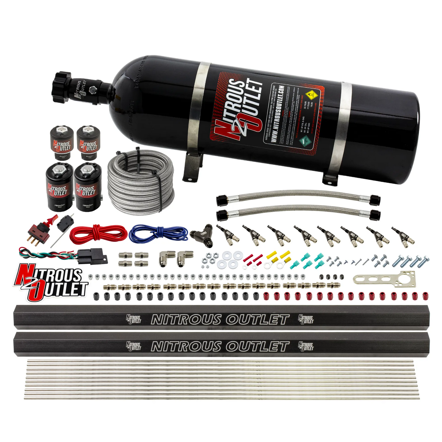 Nitrous Outlet 8 Cylinder Direct Port System - Two .122 Nitrous Solenoids/Two .177 Fuel Solenoids/Two Dual Passage Injection Rails/90 Degree Discharge Nozzles (Gas)(5-7-10 psi)(100-400HP)(15lb Bottle)