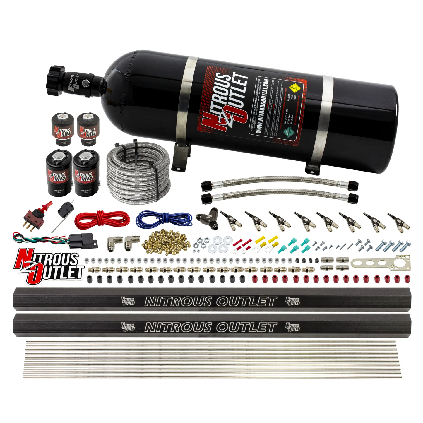 Nitrous Outlet 8 Cylinder Direct Port System - Two .112 Nitrous Solenoids/Two .177 Fuel Solenoids/Two Dual Passage Injection Rails/90 Degree Discharge Nozzles (Gas)(5-7-10 psi)(100-400HP)(15lb Bottle)