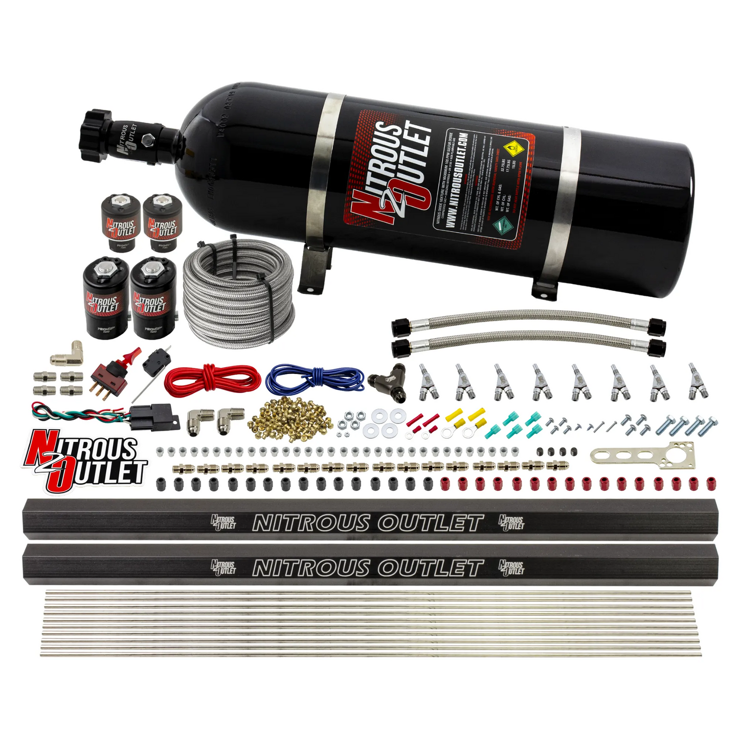 Nitrous Outlet 8 Cylinder Direct Port System - Two .112 Nitrous Solenoids/Two .177 Fuel Solenoids/Two Dual Passage Injection Rails/Annular Discharge Nozzles (Gas)(5-7-10 psi)(100-400HP)(15lb Bottle)
