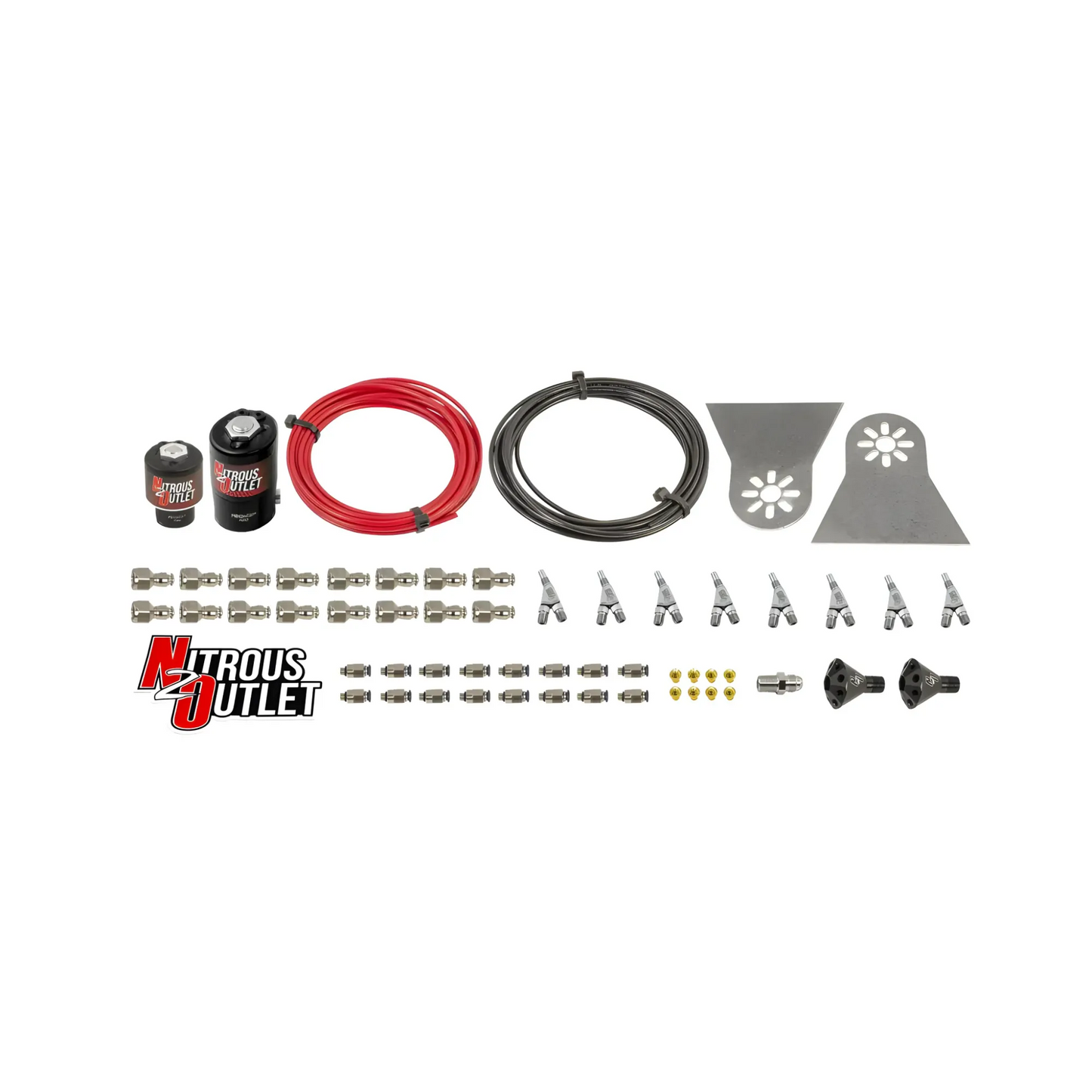 Nitrous Outlet 8 Cylinder Solenoids forward Direct Port Conversion Kit - .122 Nitrous Solenoid/.177 Fuel Solenoid/Nylon Hose/Showerhead Distribution Blocks/Annular Discharge Nozzles (Includes 200HP Jetting - Gas/7 psi)