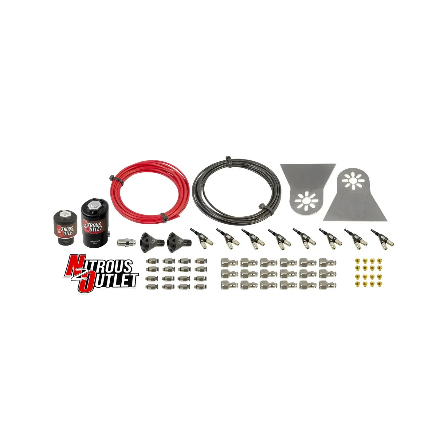 Nitrous Outlet 8 Cylinder Solenoids forward Direct Port Conversion Kit - .122 Nitrous Solenoid/.177 Fuel Solenoid/Nylon Hose/Showerhead Distribution Blocks/90 Degree Discharge Nozzles (Includes 200HP Jetting - Gas/7 psi)