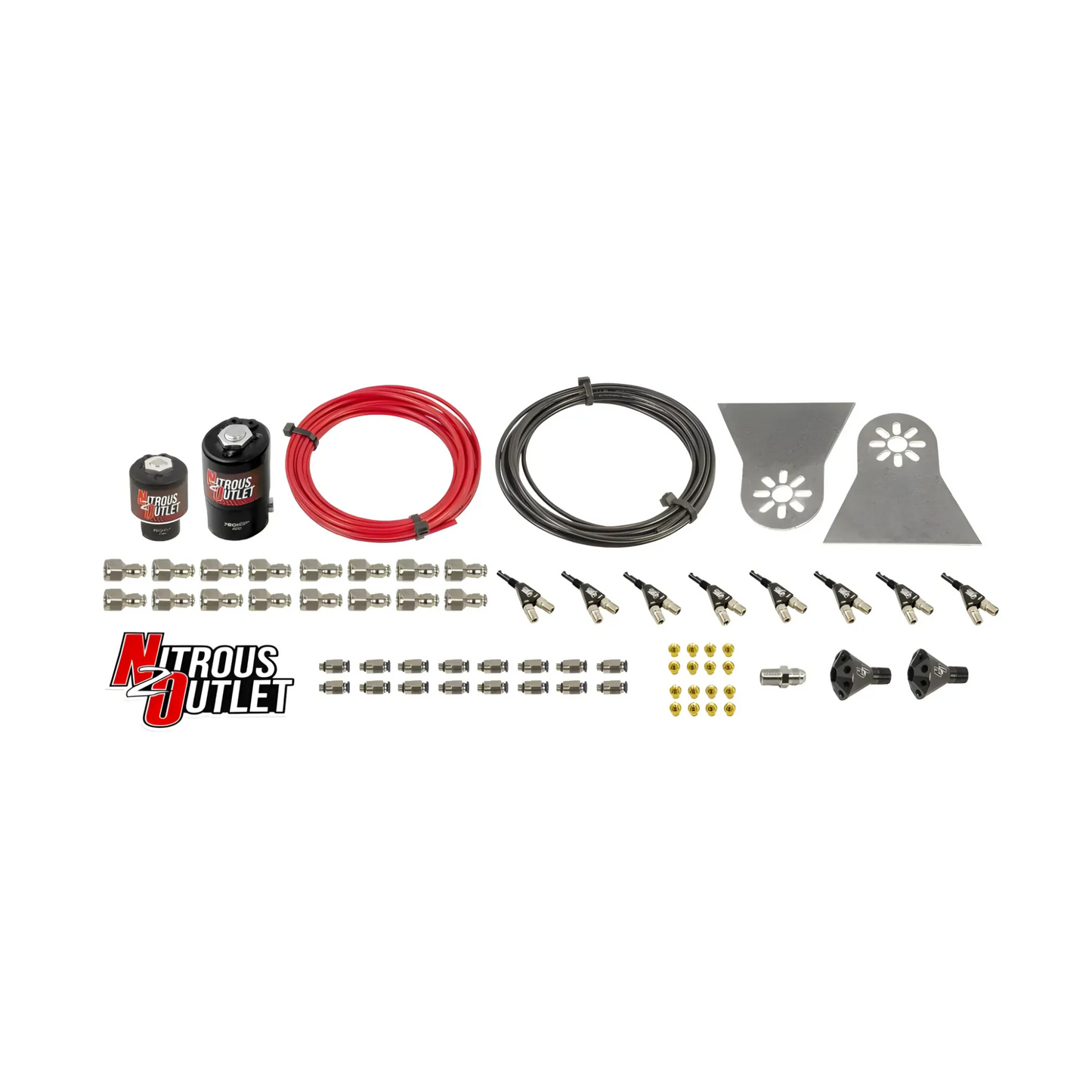 Nitrous Outlet 8 Cylinder Solenoids forward Direct Port Conversion Kit - .112 Nitrous Solenoid/.177 Fuel Solenoid/Nylon Hose/Showerhead Distribution Blocks/90 Degree Discharge Nozzles (Includes 200HP Jetting - Gas/7 psi)