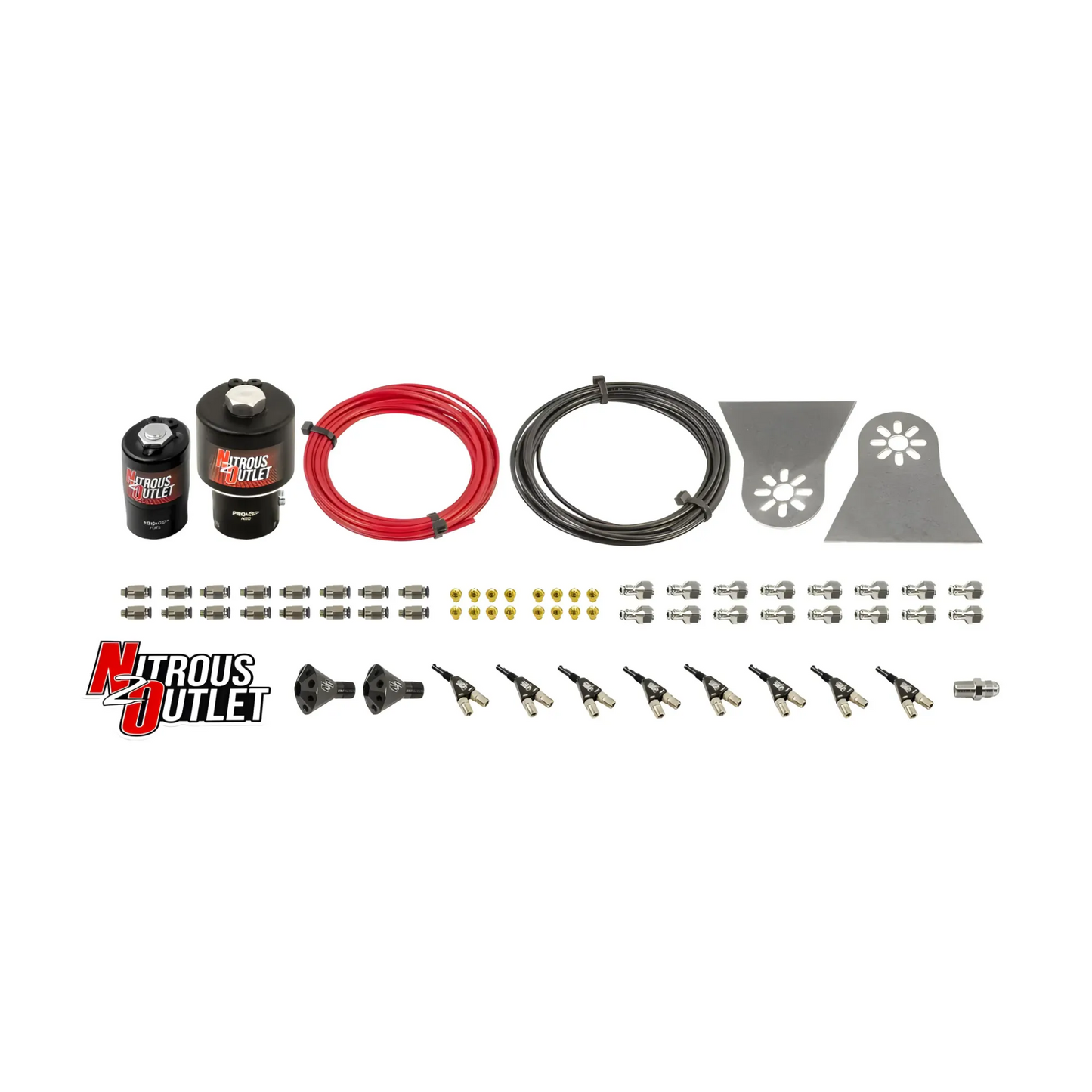 Nitrous Outlet 8 Cylinder Solenoids forward Direct Port Conversion Kit - .178 Trashcan Nitrous Solenoid/.310 Fuel Solenoid/Nylon Hose/Showerhead Distribution Blocks/90 Degree Discharge Nozzles (Includes 200HP Jetting - Gas/7 psi)