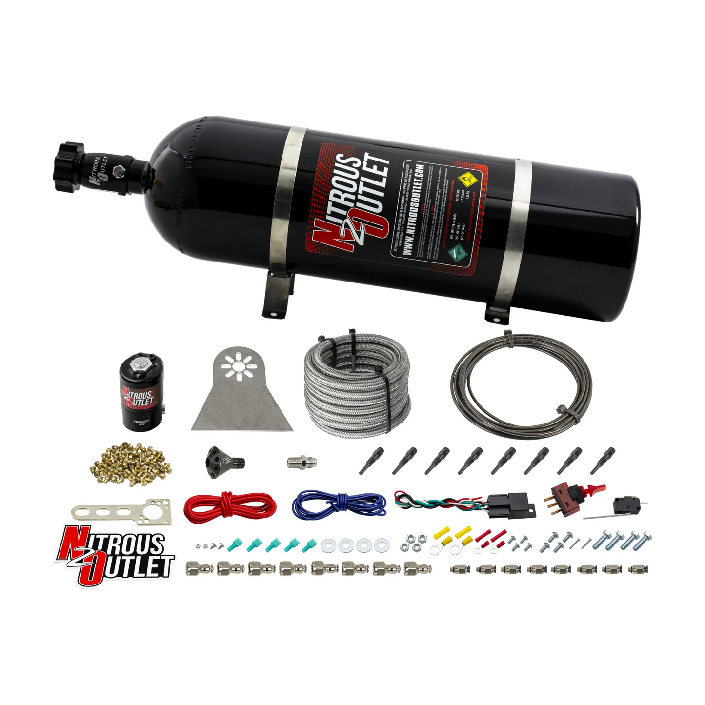 Nitrous Outlet Dry 8 Cylinder Direct Port System - .122 Nitrous Solenoids/Nylon Hose/Showerhead Distribution Blocks/90 Degree Discharge Nozzles (100-500HP)(15lb Bottle)