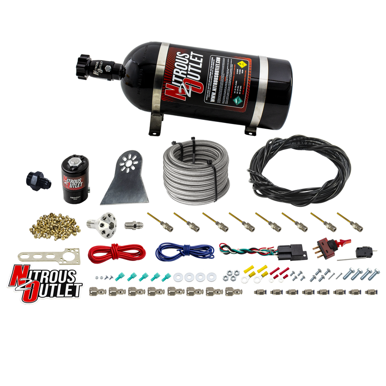 Nitrous Outlet Dry 8 Cylinder Direct Port System - .122 Nitrous Solenoids/Nylon Hose/Showerhead Distribution Blocks/Plate Fittings (100-500HP)(10lb Bottle)