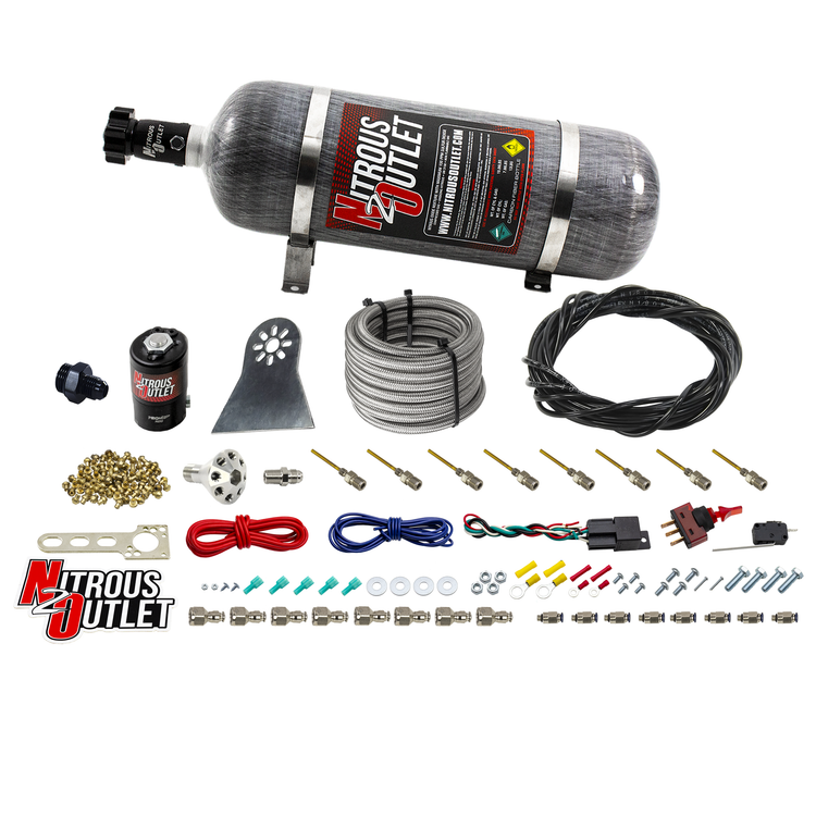 Nitrous Outlet Dry 8 Cylinder Direct Port System - .122 Nitrous Solenoids/Nylon Hose/Showerhead Distribution Blocks/Plate Fittings (100-500HP)(12lb Bottle)