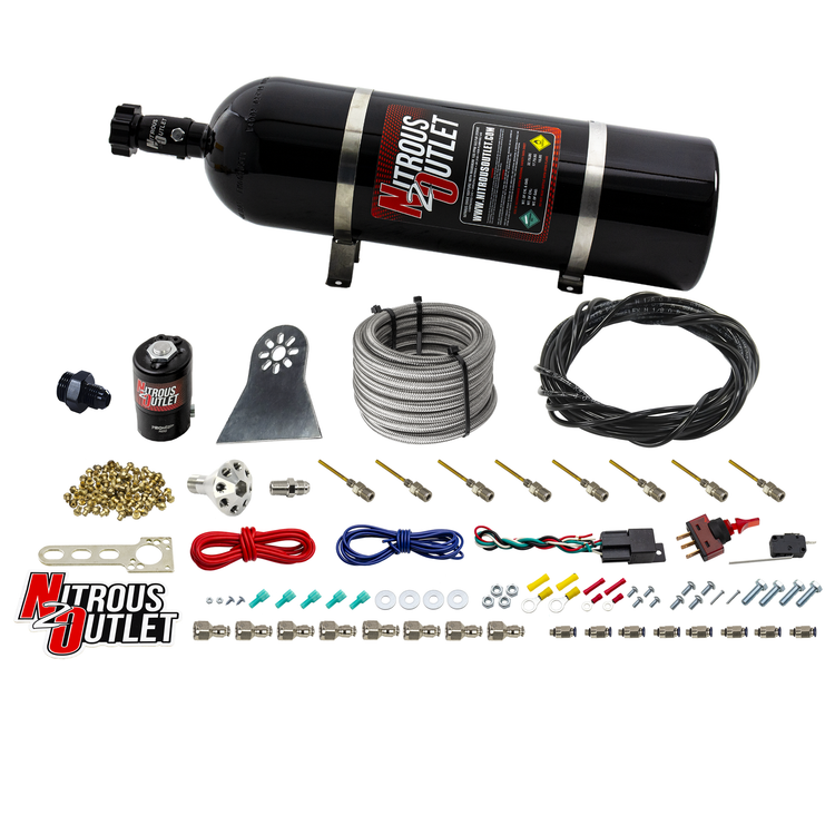 Nitrous Outlet Dry 8 Cylinder Direct Port System - .122 Nitrous Solenoids/Nylon Hose/Showerhead Distribution Blocks/Plate Fittings (100-500HP)(15lb Bottle)