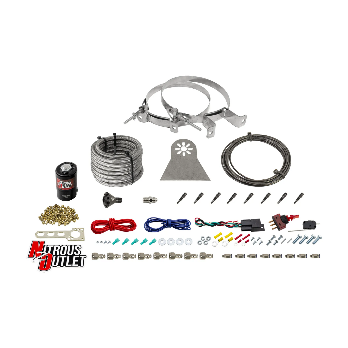 Nitrous Outlet Dry 8 Cylinder Direct Port System - .122 Nitrous Solenoids/Nylon Hose/Showerhead Distribution Blocks/Straight Discharge Nozzles (100-500HP)(No Bottle)