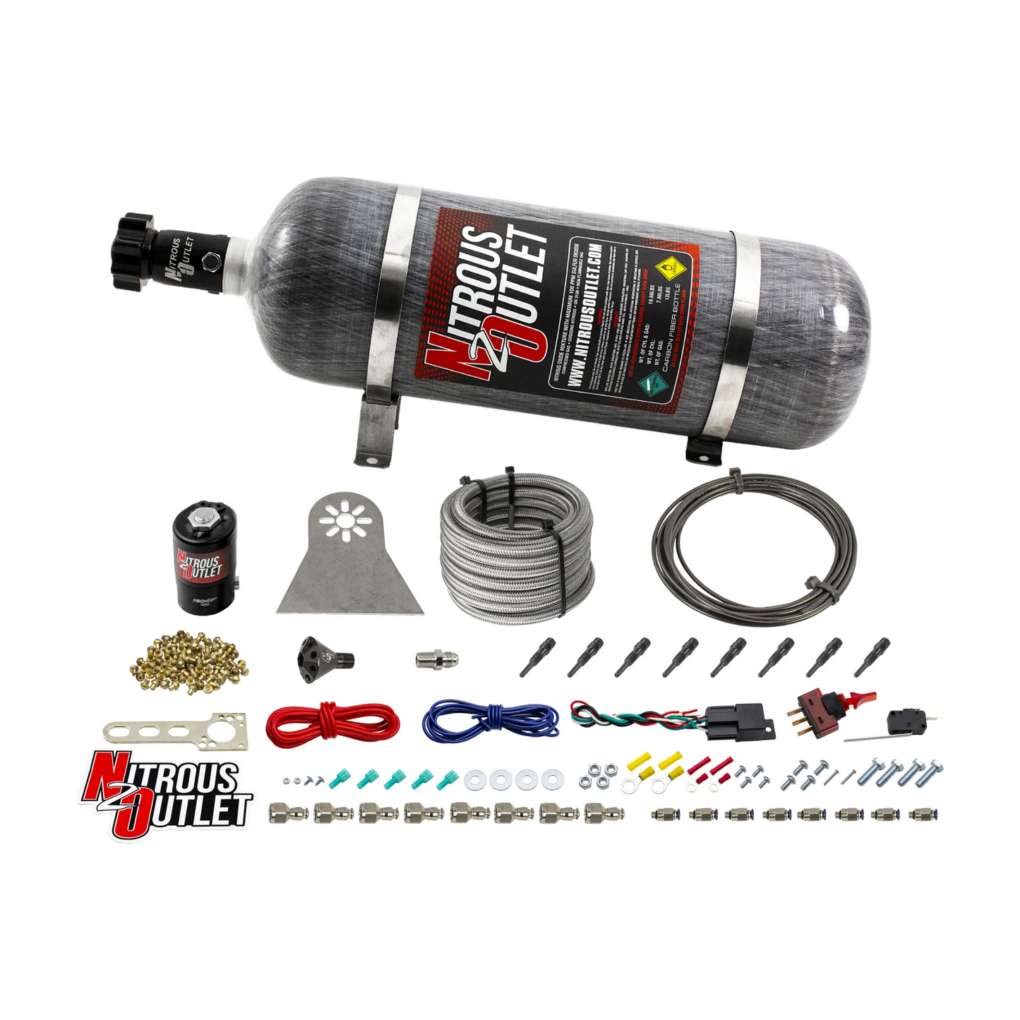 Nitrous Outlet Dry 8 Cylinder Direct Port System - .112 Nitrous Solenoids/Nylon Hose/Showerhead Distribution Blocks/90 Degree Discharge Nozzles (100-400HP)(12lb Bottle)