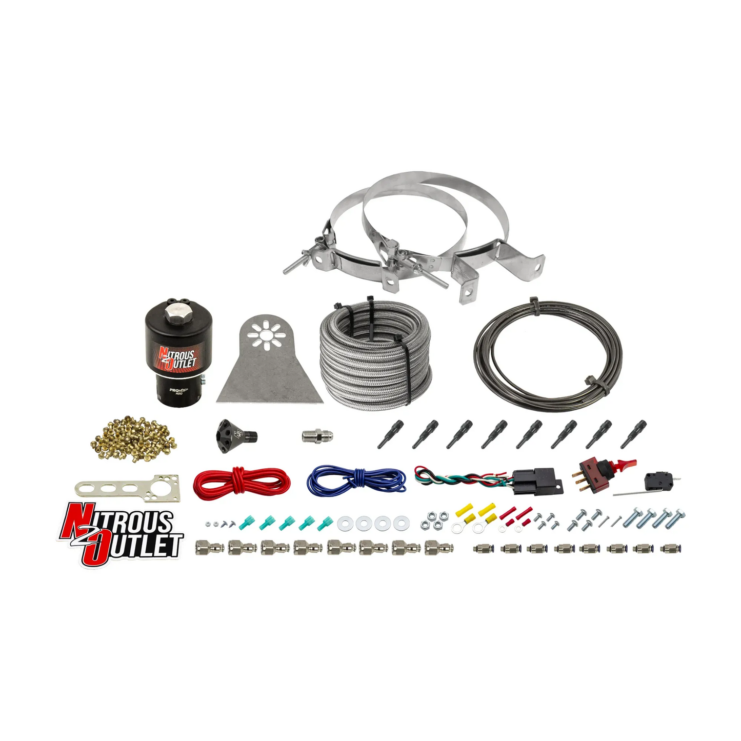 Nitrous Outlet Dry 8 Cylinder Direct Port System - .178 Trashcan Nitrous Solenoids/Nylon Hose/Showerhead Distribution Blocks/90 Degree Discharge Nozzles (100-600HP)(No Bottle)