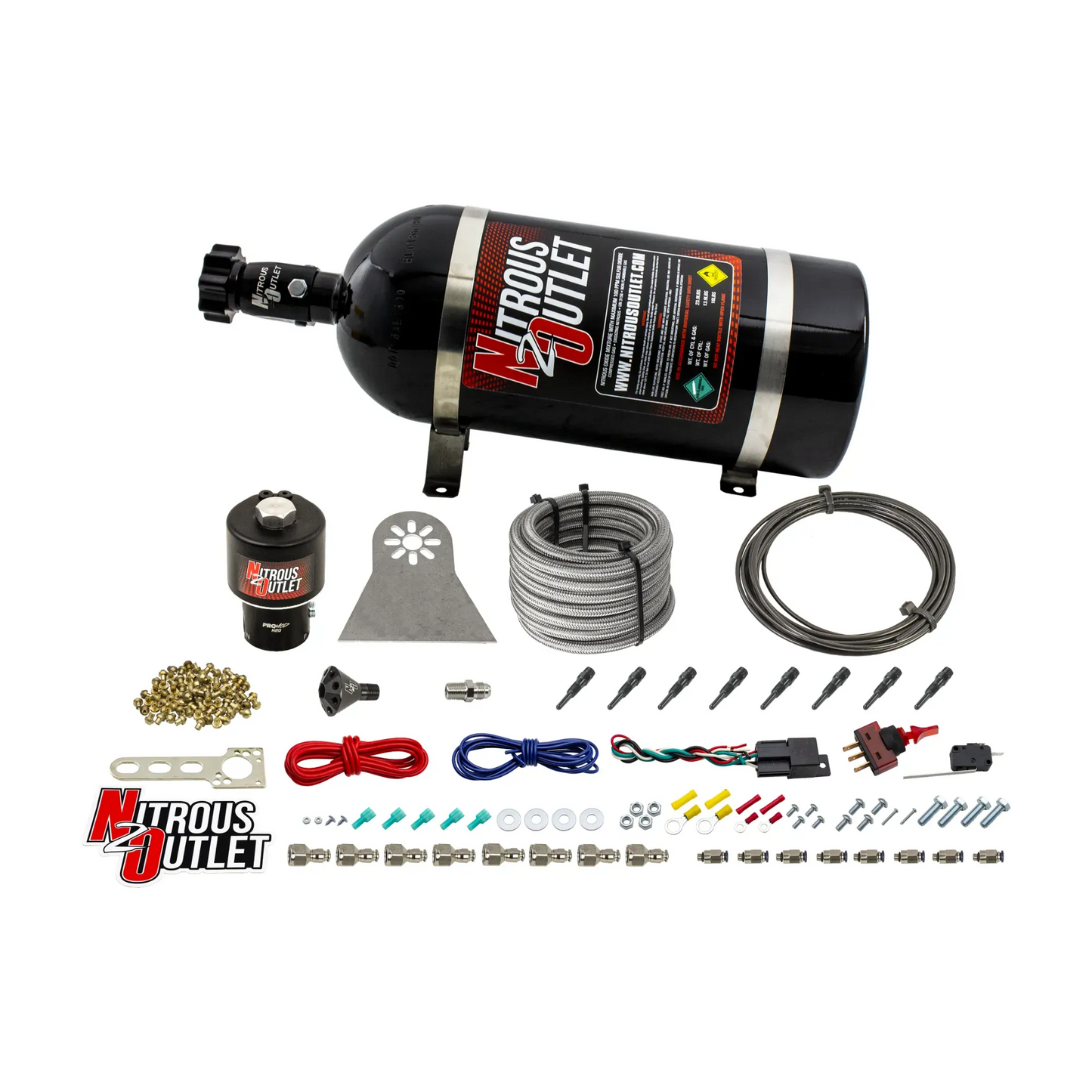 Nitrous Outlet Dry 8 Cylinder Direct Port System - .178 Trashcan Nitrous Solenoids/Nylon Hose/Showerhead Distribution Blocks/90 Degree Discharge Nozzles (100-600HP)(10lb Bottle)