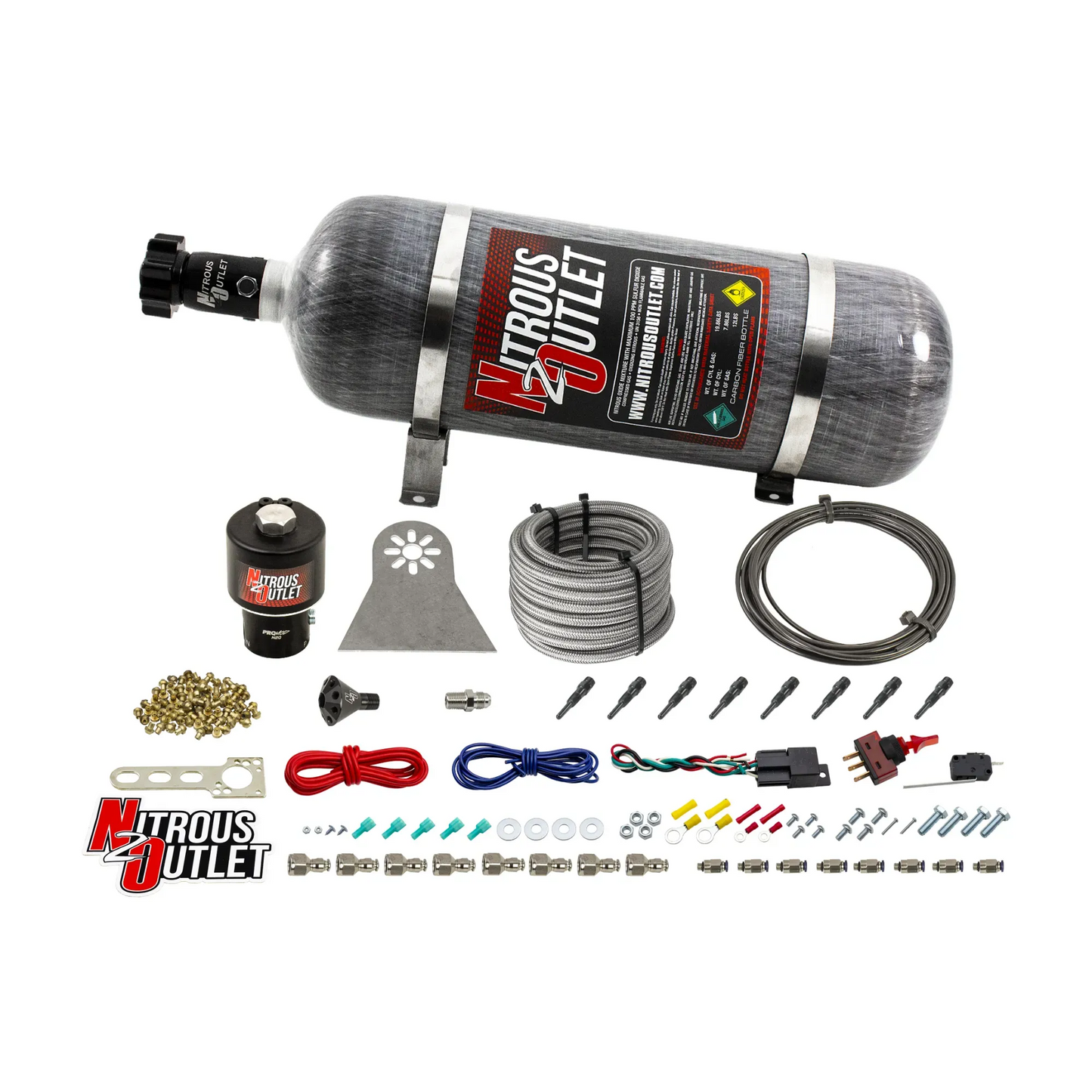 Nitrous Outlet Dry 8 Cylinder Direct Port System - .178 Trashcan Nitrous Solenoids/Nylon Hose/Showerhead Distribution Blocks/90 Degree Discharge Nozzles (100-600HP)(12lb Bottle)