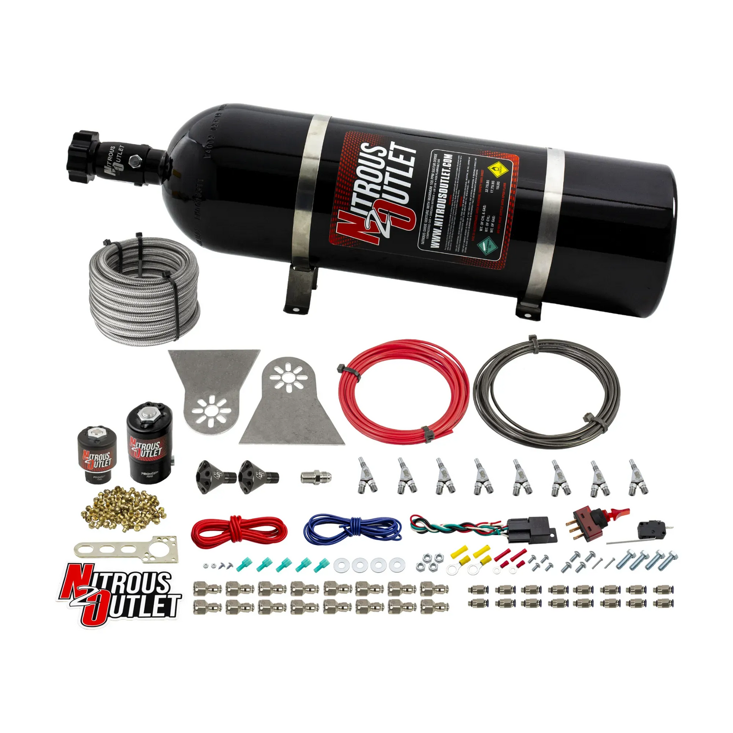 Nitrous Outlet 8 Cylinder Direct Port System - .112 Nitrous Solenoids/.177 Fuel Solenoids/Nylon Hose/Showerhead Distribution Blocks/Annular Discharge Nozzles (Gas)(45-55 psi)(100-400HP)(15lb Bottle)